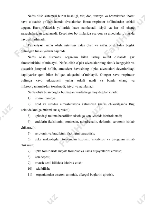 ivojlanishining butun taraqqiyoti davomida alveola pufakchalari bujmaygan bo`ladi. shuning uchun ham o`lik tug`ilgan bola o`pkasining bir parchasi suvga tashlansa, bu bo`lak cho`kadi, aksincha, tug`ilib, bir oz yashab o`lgan bolaning o`pkasi suvda qalqib turadi. bu hol sud tibbiyotida ahamiyatga ega. faqatgina bola tug`ilishi bilan olgan birinchi nafasi tufayli alveola pufakchalari kengayadi. buning natijasida alveola bo`shlig`i keskin kengayib, devori yupqalashib qoladi va havo almashinishi uchun qulay sharoit vujudga keladi. havo o`tkazuvchi yo`llar. burun bo`shlig`ida dahliz va nafas olish qismi tafovut etiladi. dahliz teri epiteliysining davomi bo`lgan ko`p qavatli yassi epiteliy bilan qoplangan. epiteliy ostida yog` bezlari va soch ildizlari joylashadi. bu yerda joylashgan ko`pgina tuklar olinayotgan havodagi chang zarrachalarini tutib qoladi. burun bo`shlig`ining nafas olish qismi ko`p qatorli prizmatik hilpillovchi epiteliy bilan qoplangan. bu erda 4 xil hujayralar: kiprikli, oraliq yoki bazal, mikrovorsinkali va qadaxsimon yoki bez hujayralari tafovut qilinadi. epiteliy ostidagi xususiy qatlamda juda ham yuza joylashgan ko`pgina qon tomirlar joylashadi. …