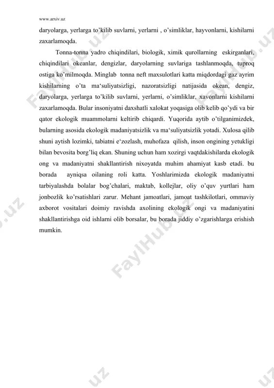 ‘naviyat. t. o’zbekiston 1994. 5. spirin a.g. filosofiya moskva 2000 gardariki uchebnik. 6. radugin a.a. kurs lektsiya moskva 1999 «izdatelstvo» tsentr. 7.falsafa ma‘ruzalar matni toshkent 2000 8.tulenov j. g’offurov z. falsafa o’quv qo’llanma toshkent, «o’qituvchi» 1997 y 9.falsafa. o’quv qullanma e.yusupov taxriri ostida t. «sharq» 1999. 10.mamshokirov s. ekologiya ta‘lim-tarbiyaning metodalogik masalalari o’zbekiston xalq akademiyasi «nur» toshkent 1993 11.falsafadan fa‘z mantlari toshkent 1995. 12.xudoyqulov a. iqtisodiy tafakkur maxsuli muloqat jurnali №1999. 13. umarov e. «estetika» o’quv o’qllanma t. «o’zbekiston» 1995 y. 14. abu nasr forobiy. fozil odamlari shaxri t 1995y 15. mustaqillik izohli ilmiy ommabop lug’at «sharq» nashriyoti matbaa kontserni t. 1998 y. 16. karimov o.g’afforov z. davlat va xuquq asoslari. darslik toshkent «o’qituvchi» 1995 y
