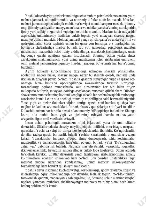 5 yoshdan keyin ham davom qiliishni ta’kidlaydi. b.g.ananev laboratoriyasida olingan natijalar inson funksional darajasining oshishi 23—27 yoshdaga yigit va qizlarda 44 foiz, funksional holatining barqarorlashuvi 19,8 foiz, funksional darajaning pasayishi 36,2 foizga tengdir. bu ma’lumotlar kamolot bosqichining turli mikrodavrlarida о‘sish jihatlarining о‘zaro munosabata har xil kechishini kо‘rsatib turibdi. y.n.kulyutkin katga kishilarningdiqqat, xotira, tafakkur, bilish jarayonlarini birgalikda о‘rgangan. y.n.kulyutkin о‘z tadqiqotida 0—130 shkalagacha oraliqni tekshirib, 22—25 yoshlarda diqkdt va xotira 100,5, tafakkur 102,5 ballga tengligini, 26—29 yoshlarda esadiqqat 102,8, xotira 97,0, tafakkur 95,0 ball ekanligini isbotlab berdi. amerikalik olim v.shevchuk voyaga etgan odamlarda ijodiy faoliyatning boshlanish nuqgasini tadqiq kilib, 11—20 yoshlar oralishda u 12,5 foiz, 21—30 yoshlarda esa 66 foiz ekanini aniqladi. ziyolilarning ilmiy mahsuli dinamikasini о‘rgangan z.f.esareva uning boshlanishi matematiklarda 18—23, fiziklarda 24—27, biologlarda 25—31, psixologlarda 27— 30, tarixchilarda 27—32, filologlarda 28—33 yoshlarni tashkil qilishini kо‘rsatib о‘tadi. yoshlarning ijtimoiy hayotda qatnashuvini о‘rgangan v.shevchuk ijtimoiy faoliyatga kirishishning eng yuqori chо‘qqisi 25 …