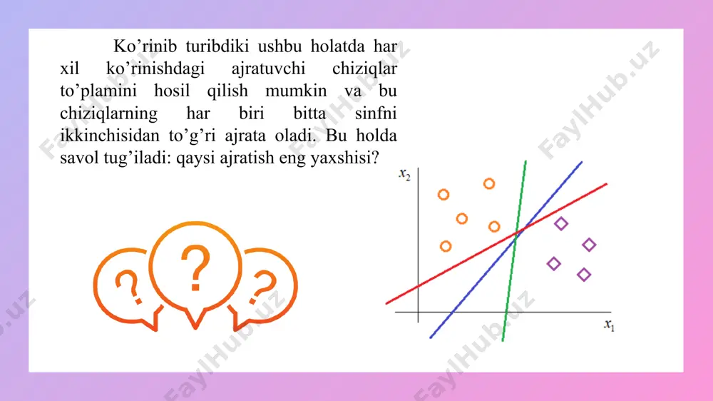 ω va b qiymatlar mavjudki: natijada bu kattalikni biror songa ko’paytirishimiz mumkin bo’ladi: natijada quyidagiga ega bo’lamiz: bu optimallashtirish masalasining mohiyatini o’zgartirmaydi. endi α qiymatni tanlashimiz va parametrni o’gartirishimiz mumkin: natijada chegarada yotuvchi ixtiyoriy obyektlar uchun kattalik quyidagicha bo’ladi: qat’iy matematik jihatdan bu normallashtirishni quyidagicha yozish mumkin: chiziqli ajratilgan holat uchun buni hamisha amalga oshirish mumkin. u holda o’z-o’zidan quyidagi kelib chiqadi: va yo’lak kengligi quyidagi ifoda orqali aniqlanadi: natijada, chiziqli ajralgan obyektlar uchun quyidagi optimallashtirish masalasiga ega bo’lamiz: odatda bu minimallashtirish masalasiga keltiriladi: ya’ni, vaznlarning kvadrat normasini minimallashtiruvchi va chegaradagi obyektlardan tashqari barcha chekinishlar birdan katta bo’ladigan ω va b larni topishimiz kerak bo’ladi. nochiziqli ajralgan holat uchun tayanch vektorlar mashinalari ma’lumki odatda o’rgatuvchi tanlanmadagi obyektlar juda kam hollarda chiziqli ajralishga ega bo’ladi. shu sababdan chiziqli ajralmagan tanlanmalar uchun chiziqli ajralishni qanoatlantiradigan ω va b parametrlarni topa olmaymiz, ya’ni: u holda tasniflovchiga quyidagicha biror kattalik miqdorida xato qilishiga imkon …