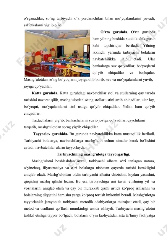 ining oldiga borishi mumkin. hamma mashg‘ulotlar uch qismga bo‘linadi: · mashg‘ulotning boshlanishi–topshiriqni tushuntirish; · mashg‘ulotning borishi–topshiriqni bolalar tomonidan bajarilishi; · mashg‘ulotning yakuni–bolalar bilan bajarilgan topshiriqni tahlil qilish. i va ii qismlar bolalar yoshi va topshiriqqa qarab 2-5 minutgacha davom etishi mumkin, 1-qismda tarbiyachi bolalarga ular bajaradigan topshiriqni xabar etadi. tarbiyachining tushuntirishi emotsional, ijodiy kayfiyat tug‘dirishi lozim. 2-qismda tarbiyachi bolalarni berilgan topshiriqni bajarishga kirishishlarini tekshiradi. bola ishi o‘rtasida pauza bo‘lmasin, bola bir topshiriqni bajardimi, keyingisiga darhol o‘tishlari, bajarishlarini kuzatish lozim. mashg‘ulot davomida bolalar tinch ishlashga, o‘z o‘rinlaridan so‘roqsiz turmaslikka o‘rganadilar. katta guruhdagi bolalar dastavval tarbiyachi ruxsati bilan, keyin o‘zlari suvni, mo‘yqalamni o‘z joyiga qo‘yadilar. kichik guruhda bolalar mustaqil bo‘lmaganlari uchun ko‘proq tarbiyachining o‘zi bolalar oldiga kelib turadi. o‘rta guruhdan boshlab bolalar tarbiyachiga qo‘llarini ko‘tarib, murojaat etishga o‘rganadilar. bolalarni asta- sekin mustaqil ishlashga o‘rgatib boriladi. bor bo‘lgan qiyinchiliklarni o‘zlari hal etish yo‘llarini o‘rganib boradilar. mashg‘ulotni yakuniga 5 minut qolganda bolalar ogohlantiriladi. bu …