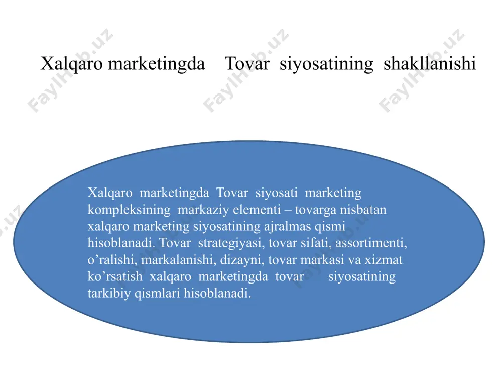 munikatsiya aloqalari modifikatsiyasi 3)kommunikatsiya aloqalari va tovar modifikatsiyasi 4)standart kommunikatsiya 5)to’liq standartizatsiya (kommunikatsiya va tovar) 1)birinchi hol bu epizodik eksport, ya’ni ishlab chiqaruvchini mahsulotni aynan shu ishlab chiqaruvchidan sotib olishni istovchi chet ellik xaridor (vositachi) mahsulotni eksport qilishga «majburlaydi».2) ikkinchi variant birlamchi zarur mahsulotlarni (asosan oziq-ovqat mahsulotlarini) ommaviy ishlab chiqaruvchi yirik transmiliiy korporatsiyalarga taalluqli. 1)milliy proteksionizm siyosati (ko’pchilik hukumatlar ish o’rinlarini tashkil etish va mahalliy sanoatni ko’tarish uchun mahsulotlarni o’z mamlakatida ishlab chiqarishni talab qiladi); 2)texnik sabablar: ba’zi iste’molchilarning talablarini texnik qarorni moslashtirmasdan qondirish mumkin (avtomobillar porsheni diametri, dizayni va rangini o’zgartirish); 14 tovar birjasi bozor narxi, bozor holati, uni kayfiyati haqidagi va boshqa tijorat axborotlari shakllanadigan joy bơlib xizmat qiladi. birja narx haqidagi axborotning yagona manbai bơlib u narx shakllanishi jarayoniga borgan sari kơproq ta'sir kơrsatadi.birja axborotnomalari nashr etilsada, oldi-sotdi savdo bitimlari natijalari haqidagi axborot tijorat siri bơlib qoladi. shuni takidlash joizki, birjaning ơzi savdo vositachilik faoliyati bilan shug‘ullanmaydi …