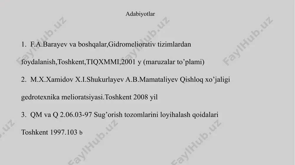 valni to‘ldiramiz. •muvaqqat ariq uchun: yengil h=0.05; o’rta 0.2; 0.25; og’ir 0.3 m; •shox ariq uchun: yengil h=0.3; 0.4; o’rta 0.5; 0.6; og’ir0.7; 0.8 m. kanalning ichki qiyalik koeffitsiyenti (m) ni qo’ydagicha qabul qilamiz. •o‘rta va og‘ir qumoq tuproqlar uchun: m=1.0; •yengil qumoq tuproqlar uchun: m=1.25. kanalning g‘adir-budirlik koyeffisenti (n) ni qo’ydagicha qabul qilamiz. *muvaqqat ariq uchun: n=0.03; * shox ariq uchun: n=0.0275. , m2 kanalning xo‘llangan perimetri qo’yidagicha aniqlanadi ,m gidravlik radius qo’yidagicha hisoblanadi: , m c-shezi koeffitsiyenti qo’yidagicha aniqlanadi: kanalning jonli kesim yuzasi qo’yidagicha topiladi: suv sarfi xarakteristikasi (к) va suv tezligi xarakteristikasi (s) qo’yidagi formuladan hisoblanadi: hisob natijalari bo‘yicha funksiyalarning grafiklari quriladi. qхўж xaqiqiy suv sarfi xarakteristikasi grafikdan kanaldagi bo’yicha suvning xaqiqiy chuqurligi aniqlanadi. k0 qo’yidagicha aniqlanadi: bu yerda: i-gidravlik xisobi bajarilayotgan kanalning xaqiqiy nishabligi. aniqlangan qiymati bo‘yicha va grafiklardan s0 va r0 qiymatlar topiladi. kanaldagi suvning xaqiqiy tezligi qo’yidagicha topiladi: 8 kanaldagi yuvilishga yo‘l qo‘yiladigan chegaraviy …