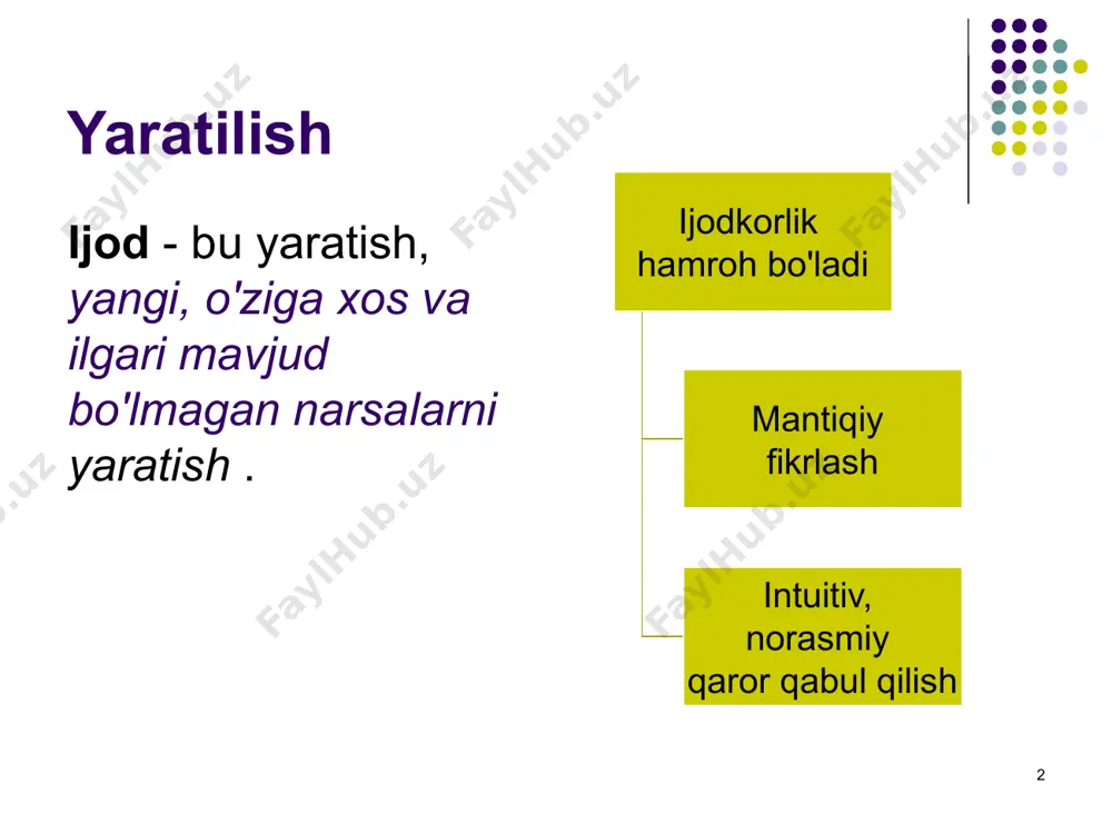 tomondan tuzilgan vazifa xabardorlik va muammolarni aniqlash adabiyotni yo'naltirilgan o'rganish assotsiatsiyalarning paydo bo'lishi, variantlar to'plami assotsiatsiyalarni tanlash, yechim variantlari 7 shaxsning ijodiy salohiyatini rivojlantirish usullari va usullari aqliy hujum - bu muammoli vaziyatga yangi muqobil yechimlarni guruh orqali izlash. 8 miya hujumi a. osbornning fikricha, ijodiy faollikni rag'batlantirishga aqliy hujumning to'rtta qoidasi orqali erishiladi: tanqid chiqarib tashlanadi , bu sizga har qanday fikrni yomon deb tan olishdan qo'rqmasdan ifoda etish imkonini beradi; jilovsiz assotsiatsiya rag'batlantiriladi : g'oya qanchalik aql bovar qilmaydigan bo'lsa, shuncha yaxshi; taklif qilingan g'oyalar soni imkon qadar ko'p bo'lishi kerak ; birlashtirish va o'zgartirish orqali takomillashtirishga ruxsat beriladi . 9 aqliy hujum bosqichlari: 1. ko'rib chiqish va hal qilish uchun muammoni shakllantirish. kollektiv mehnat qoidalari va shartlarini belgilash. 5–9 kishidan iborat ishchi guruhlarni va eng yaxshi g‘oyalarni baholash va tanlashni o‘z ichiga olgan ekspertlar guruhini shakllantirish. 2. o'quv mashg'uloti (intellektual isinish). treningda savollarga tezda javob topish mashqi. …