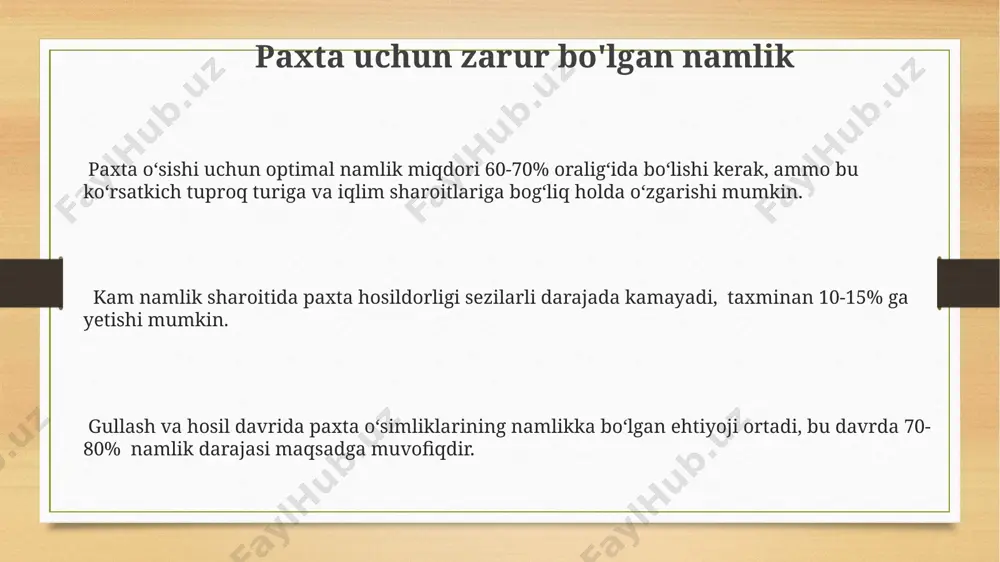 h qobiliyatini pasaytirib, hosil miqdorini 20% ga qadar kamaytiradi. paxta uchun zarur bo'lgan havo paxta oʻsishi uchun optimal havo harorati vegetatsiya davrida 20-30°c oraligʻida boʻlishi kerak, bunda 35°c dan yuqori haroratlar uning rivojlanishiga salbiy taʼsir koʻrsatishi mumkin. paxta yetuklik davrida namlik miqdori 60-70% oraligʻida boʻlishi maqsadga muvofiq, ammo yuqori namlik kasalliklar xavfini oshiradi. shamollash tezligi paxta uchun muhim, 1-5 m/s tezlikda shamollash fotosintez jarayonini yaxshilaydi, ammo kuchli shamollar hosilga zarar yetkazishi mumkin. paxta uchun zarur bo'lgan suv paxta vegetatsiyasi davrida suvning ph darajasi 6,5-7,5 oraligʻida boʻlishi kerak, chunki yuqori yoki past ph qiymatlari oʻsimliklarning ozuqa moddalarini oʻzlashtirishiga salbiy ta’sir qiladi. paxta oʻsimliklari, ayniqsa gullash va hosil davrida, suv taqchilligini juda sezgir qabul qiladi; suv stressining 20% dan ortigʻi hosildorlikka jiddiy zarar yetkazadi. paxta oʻsishi uchun optimal suv miqdori 1 gektar uchun 4000-6000 kubometrni tashkil etadi, bu esa vegetatsiya davrida yetarli namlikni ta’minlash uchun zarur. e'tiboringiz uchun rahmat @taqdimot_robot image3.png image4.png
