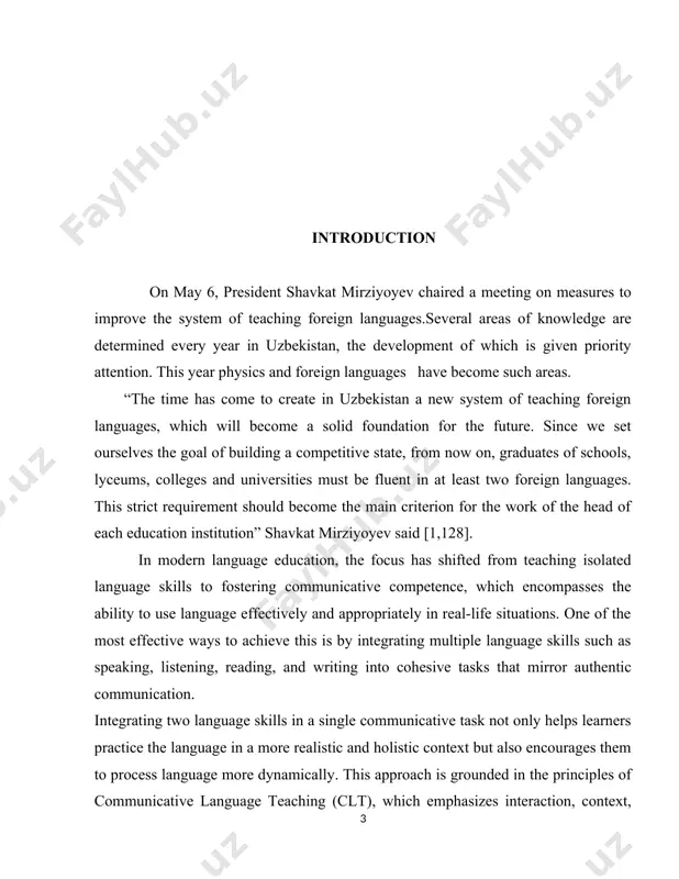 s. by examining the theoretical underpinnings and practical methods of creating such tasks, this work seeks to highlight the advantages of skill integration in fostering learners’ communicative competence. the coursework will focus on providing language teachers with practical tools and strategies for preparing tasks that effectively combine two skills, thereby improving learners' language abilities in real-world contexts. the task of the course work.the main task of this coursework is to: 1.investigate the theoretical foundations of skill integration in language teaching. 2.develop a framework for designing communicative tasks that combine two skills. 3.create sample tasks that integrate two skills (e.g., speaking and listening, reading and writing) for different language proficiency levels. 4.8oanalyze the effectiveness of these tasks in promoting communicative competence among language learners. the object of the course work.the object of this coursework is the design and implementation of communicative tasks that integrate two language skills in language teaching. specifically, …
