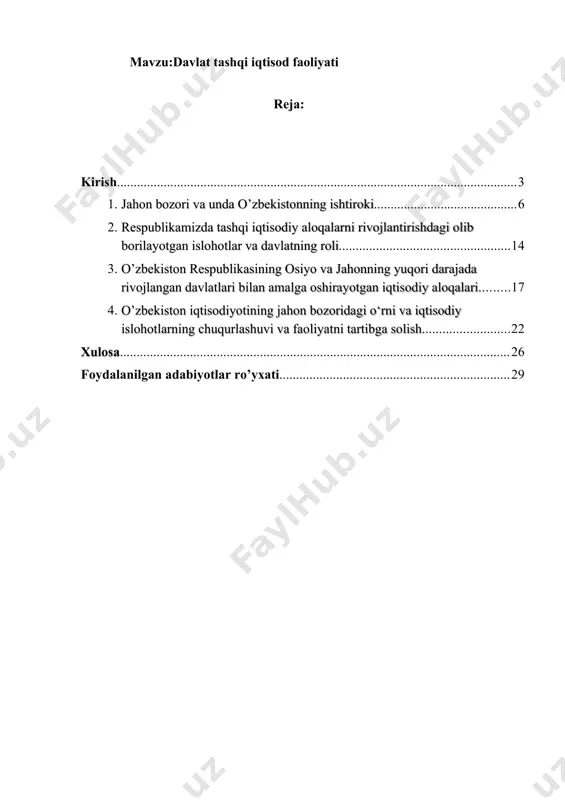 ash va mustahkamlashdan iboratdir. bugungi kunda har qanday davlat o‘zi uchun qulay iqtisodiy muhit, kuchli ijtimoiy jamiyat, chegaralari mustahkamligi va eng asosiysi aholi farovonligiga to‘laqonli erishish uchun faqatgina o‘z doirasidagina emas, balki jahon mamlakatlari bilan ham do‘stona iqtisodiy aloqalarni yo‘lga qo‘yish kerakligini to‘li anglab yeti. mamlakatimiz mustaqillikka erishganiga endigina 25 yil bo‘lganiga qaramasdan bu yo‘nalishda har qaysi davlat havas qilsa arziydigan muvofaqiyatlarga erishdi. buni yaqqol isboti, respublikamiz bugungi kunda dunyoning 130dan ortiq mamlaktlari bilan ikki tomonlama samarali shartnimalarga ega. hozirda o‘zbekiston dunyoning 80 mamlakatiga zarur bo‘lgan sifatli oziq – ovqat mahsulotlarini yetkazib beradi. bundan tashqari, 2015-yilda mamlakatimiz birlashgan millatlar tashkilotining oziq-ovqat va qishloq xo’jaligi tashkiloti (fao)ga a‘zo davlatlarning oziq-ovqat xavfsizligini ta‘minlash sohasida mingyillik rivojlanish maqsadlariga erishgani uchun shuning uchun ishlab chiqarish jarayonidagi munosabatlarni bilmaslik ko’pgina chalkashliklarga olib keladi. ayrim adabiyotlarda daromadlar yaratiladi va ishlab chiqariladi degan fikrlarning uchrab qolishining sababi ham ishlab chiqarish jarayonidagi munosabatlarni bilmaslikdan deb o’ylaymiz. ma’lumki, ishlab …