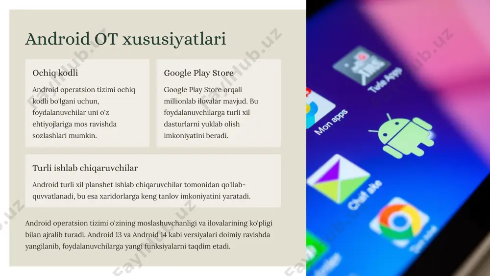 ish uchun qulay vositalarni taqdim etadi. grafika va dizayn ilovalari adobe photoshop, sketchbook, procreate kabi ilovalar grafika va dizayn sohasida ishlaydiganlar uchun idealdir. ular rasm chizish, rasmlarni tahrirlash va dizayn loyihalarini yaratish uchun keng imkoniyatlar beradi. multimedia ilovalari netflix, spotify, youtube kabi ilovalar ko'ngilochar maqsadlarda foydalanish uchun qulaydir. ular filmlar, musiqa va video kontentni tomosha qilish imkoniyatini taqdim etadi. 1 2 3 planshetlarda ishlash usullari sensorli ekran planshetni to'g'ridan-to'g'ri sensorli ekran orqali boshqarish. 1 virtual klaviatura ekranda paydo bo'ladigan virtual klaviatura va sichqoncha orqali ishlash. 2 stylus stylus (qalam) bilan ishlash, masalan, apple pencil. 3 tashqi qurilmalar tashqi klaviatura va sichqonchani planshetga ulash orqali ishlash. 4 planshetlarda ishlash usullari foydalanuvchining ehtiyojlariga qarab farqlanadi. sensorli ekran, virtual klaviatura, stylus va tashqi qurilmalar planshet bilan ishlashning turli xil usullarini taqdim etadi. 8 planshet xavfsizligi 1 parol o'rnatish planshetga parol va pin-kodni o'rnatish. 2 ilovalarni yuklash ilovalarni yuklab olishda ehtiyot bo'lish. 3 antivirus …