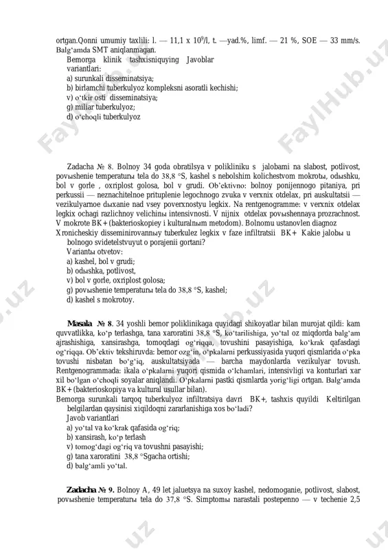 , limf- 10%; echt-45 mm/s. dastlabki tashxis qo‘ying. yana qanday tekshiruvlar o‘tkazish zarur? zadacha № 5: bolnoy 60 let, v techenie 6 let naxodilsya na uchete protivotuberkuleznogo dispansera, zatem snyat s ucheta po vыzdorovleniyu. v nastoyaщee vremya obratilsya v oblastnoy ftiziatricheskiy dispanser s jalobami na: slabost, kashel s vыdeleniem do 50 ml mokrotы, odыshku, poxudanie. uxudshenie samochuvstviya otmechaet poslednie 2-3 mesyasa, poyavilis vыsheperechislennыe jalobы. obщee sostoyanie otnositelno udovletvoritelnoe, ponijennogo pitaniya, gubы sianotichnыe. auskultativno v legkix po vsem polyam vыsushivayutsya vlajnыe melko puzыrchatыe vlajnыe i rasseyannыe suxie xripы. v obщem analize krovi: l=10,0x109 / l,p-yad- 8%, limf.- 11%; soe –30 mm/ch. na obzornoy rentgenogramme: po vsem legochnыm polyam opredelyayutsya ochagi razlichnoy velichinы i intensivnosti i kavernы razlichnoy velichinы s tonkimi stenkami. vash diagnoz? kakie dopolnitelnыe issledovaniya neobxodimo provesti? masala№ 5: 60 yoshdagi bemor tuberkulyozga qarshi dispanserida 6 yil avval nazoratda turgan va sog‘aygandan keyin chiqarilgan. oxirgi 2-3 oy davomida axvoli o‘zgarganli …