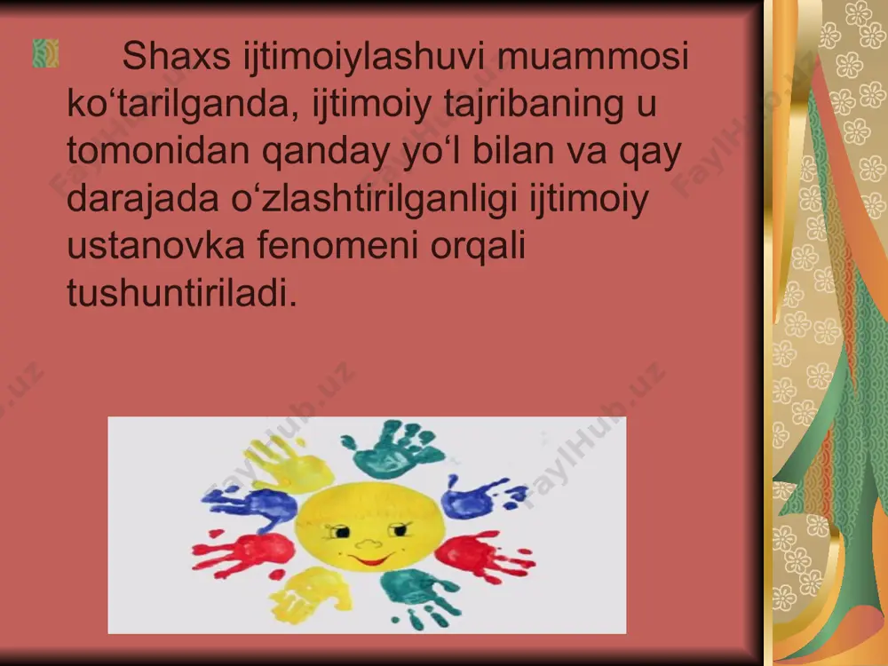 a oilaviy sharoit bo‘lib, unda insonning asosiy oddiy ehtiyojlari ilk yoshlikdan qondiriladi. ikkinchi jabha – bevosita muloqot amalga oshiriladigan kontakt, kichik guruhlar bo‘lib, individ bu muhitda o‘zini namoyon etadi. uchinchi jabha individ hayot-faoliyatini amalga oshiradigan kengroq ijtimoiy borliq bo‘lib, unda u mehnat qiladi, dam oladi, maishiy muammolarini hal qiladi. to‘rtinchi jabha shaxsni bevosita o‘rab turgan milliy-madaniy borliq, undagi mafkuraviy i madaniy qadriyatlarning o‘zlashtirilishi tufayli namoyon bo‘ladigan xatti-harakat aktlarini qamrab oladi. bu konkret geografik hudud, vatan, yurti va undagi qadriyatlardir. demak, yuqorida ajratilgan har bir jabhada inson o‘ziga yarasha alohida ehtiyojlarini qondiradi va u mos ravishda muayyan ish-harakatlarga tayyor bo‘ladi. yadov yuqoridagi jabhalarga mos keladigan konkret vaziyatlarni va ularning individga ta’sir ko‘rsatish darajalarini ham ajratadi. masalan, birinchi, eng quyi bosqichdagi vaziyatlarda oddiy predmetli muloqot va tez o‘zgaruvchan ehtiyojlarga aloqador holatlar namoyon bo‘ladi. ikkinchisida ko‘proq guruh doirasidagi muloqot va undan orttirilgan tajriba nazarda tutiladi. uchinchisida – nisbatan turg‘un bo‘lgan, xadeb o‘zgarvermaydigan ish …