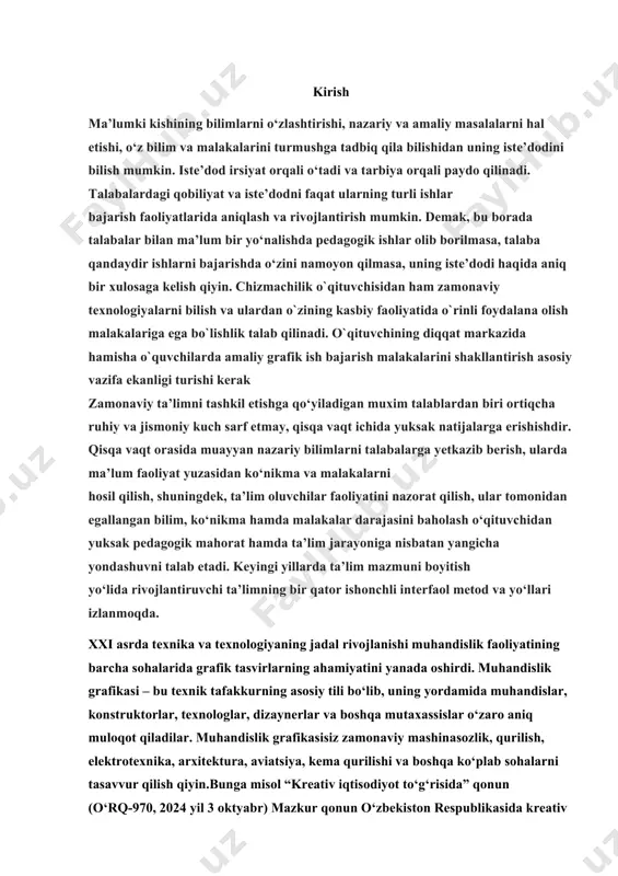 ilish, shuningdеk, ta’lim oluvchilar faoliyatini nazorat qilish, ular tomonidan egallangan bilim, ko‘nikma hamda malakalar darajasini baholash o‘qituvchidan yuksak pеdagogik mahorat hamda ta’lim jarayoniga nisbatan yangicha yondashuvni talab etadi. kеyingi yillarda ta’lim mazmuni boyitish yo‘lida rivojlantiruvchi ta’limning bir qator ishonchli intеrfaol mеtod va yo‘llari izlanmoqda. xxi asrda texnika va texnologiyaning jadal rivojlanishi muhandislik faoliyatining barcha sohalarida grafik tasvirlarning ahamiyatini yanada oshirdi. muhandislik grafikasi – bu texnik tafakkurning asosiy tili bo‘lib, uning yordamida muhandislar, konstruktorlar, texnologlar, dizaynerlar va boshqa mutaxassislar o‘zaro aniq muloqot qiladilar. muhandislik grafikasisiz zamonaviy mashinasozlik, qurilish, elektrotexnika, arxitektura, aviatsiya, kema qurilishi va boshqa ko‘plab sohalarni tasavvur qilish qiyin.bunga misol “kreativ iqtisodiyot to‘g‘risida” qonun (o‘rq-970, 2024 yil 3 oktyabr) mazkur qonun o‘zbekiston respublikasida kreativ iqtisodiyot sohasini tartibga soluvchi asosiy hujjat hisoblanadi.qonunda quyidagi muhim jihatlar belgilangan: kreativ industriya subyektlari tushunchasi kiritildi. bu – grafik dizaynerlar, arxitektorlar, kompyuter grafikasi mutaxassislari, reklama va dizayn studiyalari kabi tashkilot va shaxslarni o‘z ichiga oladi. kreativ …