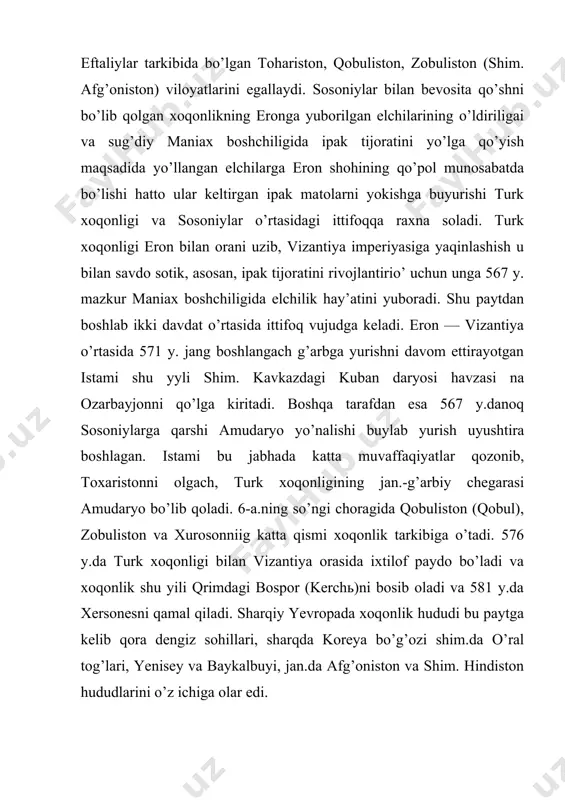 toy hududlarini o’z ichiga oluvchi sharqiy turk xoqonligi va oltoy tog’larining g’arbidagi xoqonlikka qaram o’lkalarni o’z ichiga oluvchi markazi yetti suv bo’lgan g’arbiy turk xoqonligi ga bo’linib ketadi. markazi utukan vodiysi (mug’uliston) bo’lgan sharqiy turk xoqonligi shibixoqon (609—619) lavrida xitoy (suy) imperiyasiga qarshi jang olib boradi. u 615 y.da xitoyga yurish qilib yaymin (ordos) viloyatida imperator yandini qurshovga oladi. yaymindagi 41 qal’adan 39 tasi turk xoqonligi qo’liga o’tadi. 618 y.da suy sulolasini ag’darib, uning o’rnini egallagan tan sulolasining ishlariga ham shibi xoqon aralashadii. u bu paytgacha sharqda kidan va shivey qabilalarini, jan.-g’arbda tuguxun (togon) davlati hamda turfon o’lkasini bo’ysundirgach xuanxe daryosini kechib o’tib, xitoy hududiga kirgan vaqtda vafot etadi. taxtga el-xoqon (xitoy manbalarida xyyelixan; 620—630) o’tirali va 10 yil davomida, asosan, xitoy bilan kurash olib boradi. 2 marta, 624—626 y.larda poytaxt chan’anni qurshab oladi. uniig o’limidan so’ng sharqiy turk xoqonligi 50 yilga yaqin xitoyga qaram bo’lib qolali. o’z davrida “o’n …