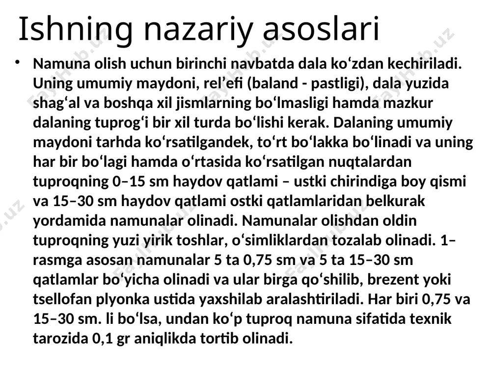 gan holda saqlanadi. bunday idishlarda saqlangan tuproqning tarkibi va hususiyatlari uzoq vaqtgacha o‘zgarmaydi. laboratoriya ishlari natijalarini hisoblash bo‘yicha ko‘rsatmalar: namunadan o‘simlik ildizlari, yirik mexanik zarralar va boshqa aralashmalar ajratib olinadi. ajratib olingan aralashmalar namuna uchun olingan tuproq massasiga nisbatan foizlarda quyidagi ifoda bilan aniqlanadi: h = a – 100/1000, bu yerda n – namuna olingan tuproq massasi a – namunaga olingan tuproq ichidagi qo‘shilma 100 – foizga o‘tkazish koeffitsienti masalan, tahlil uchun olingan 1000 gr (100%) tuproqda 25 mg mexanik zarrachalar, 10 gr o‘simlik ildizlari, 5 gr boshqa qo‘shilmalar bo‘lsa, ular namunaga nisbatan foizlarni tashkil etadi. hududimiz tuproqlarining xarakterli xususiyati ularda karbonatlarning mavjudligidir. ularning mavjudligi 10% hcl bilan ishlash orqali aniqlanadi. karbonatlar ishtirokida reaktsiya paydo bo'ladi. hcl ko'piklanishining xarakteri tuproqda karbonat mavjudligini aniqlash yoki (qaynash yo'q bo'lganda) yuvish gorizonti mavjudligini tasdiqlash imkonini beradi. ko'pikni aniqlash uchun biz chinni idishga bir chimdim tuproq oldik, uni bir necha tomchi suv bilan namladik …