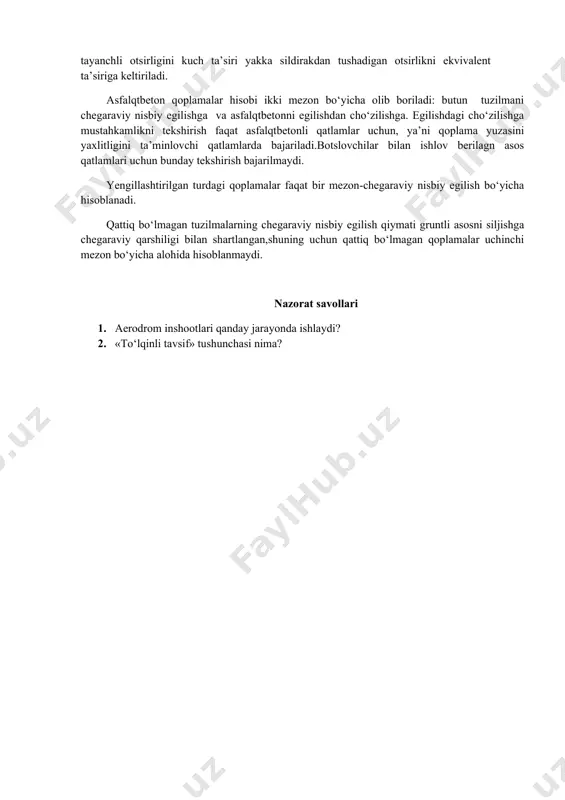 dromning qimmat qismi hisoblanadi. shuning uchun aerodromlarda qattiq bo‘lmagan qoplamalar qurilishida mahalliy tosh materiallar va sanoatning qo‘shimcha maxsulotlaridan foydalanish imkoniyatini inobatga olish zarur. bunda ularni qoplama qonstruksiyasida shunday joylashtirish kerakki, uning mustahkamligi va ko‘pga chidamliligi uni qurishda va saqlashda eng kam baho, mehnat xarajatlari va mexanik quvvat sarflarida ta’minlansin. tuzilmaviy qatlamlarni qoplamada joylashtirishda xk turganida, uchishi va qo‘nishida yuzaga keladigan vertikal va gorizontal kuchlanishlar chuqurlik bo‘yicha o‘chib borishi,shuningdek to‘shalgan gruntda harorat va namlikni o‘zgarib turshi mumkinligi hisobga olinishi lozim. shuning uchun qoplama materiallarining mustahkamligi va sovuqqa bardoshliligi chuqurlik bo‘yicha kamayishi mumkin. qoplamalarning suv o‘tkazuvchanligi chuqurlik bo‘yicha bir muncha ortishi kerak, chunki qoplama tasodifiy kirgan suv turib qolmasligi va muzlaganda uni buzilishiga sabab bo‘lmasligi kerak. zarur xollarda qoplama tuzilmasida suvni chetlatish uchun qo‘shimcha qatlamlar ko‘zda tutilshi kerak. qoplamadagi tuzilmaviy qatlamlar juda katta bo‘lmasligi kerak, sabab qurilish ishlarini tashkil eti shva ish yurgizish qiyinlashadi. qoplamalarni loyihalashda grunt xususiyatlarini barqarorligini ta’minlovchi va ularga …