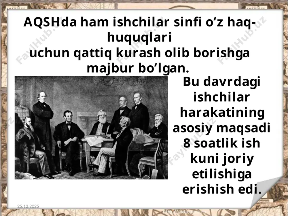 lari sabab bo‘lgan. monopoliyalarga qarshi kurash tarafdorlari taraqqiyparvarlar deb ataldi. 08.11.2019 12 ularning safida 1901-yilda aqsh prezidenti lavozimini egallagan teodor ruzvelt ham bor edi. teodor ruzvelt 1912-yilgi prezident saylovlarida demokrat vudro vilson g‘alaba qozondi. 08.11.2019 13 u birinchi jahon urushi arafasida bojxona tariflari to‘g‘risida yangi qonun qabul qilinishiga erishdi. vudro vilson 1914-yilda aqsh kongressi trestlarga qarshi qonun qabul qildi. 08.11.2019 14 qonun ish tashlash davrida trestlarga yetkazilgan zararni kasaba uyushmalaridan undirib olish tartibini bekor qildi. savol va topshiriqlar 1. aqshda ishchilar sinfi o‘z haq-huquqlari uchun kurashda oldilariga qanday maqsadni qo‘ygan edilar? 2. aqsh mehnat federatsiyasining ishchilar harakatida tutgan o‘rni haqida nimalarni bilib oldingiz? 3. aqsh hukumati qora tanli aholi masalasini qanday hal etdi? 4. tub aholi — hindularga nisbatan qanday siyosat yuritildi? 5. prezidentlar t. ruzvelt va v. vilsonlar ichki siyosatlarini bir-biri bilan taqqoslang. 08.11.2019 15 image2.jpeg image3.jpeg image4.jpeg image5.jpeg image6.jpeg image7.jpeg image8.jpeg image9.jpeg image10.jpeg image11.jpeg image12.jpeg image13.jpeg image14.jpeg image15.jpeg …