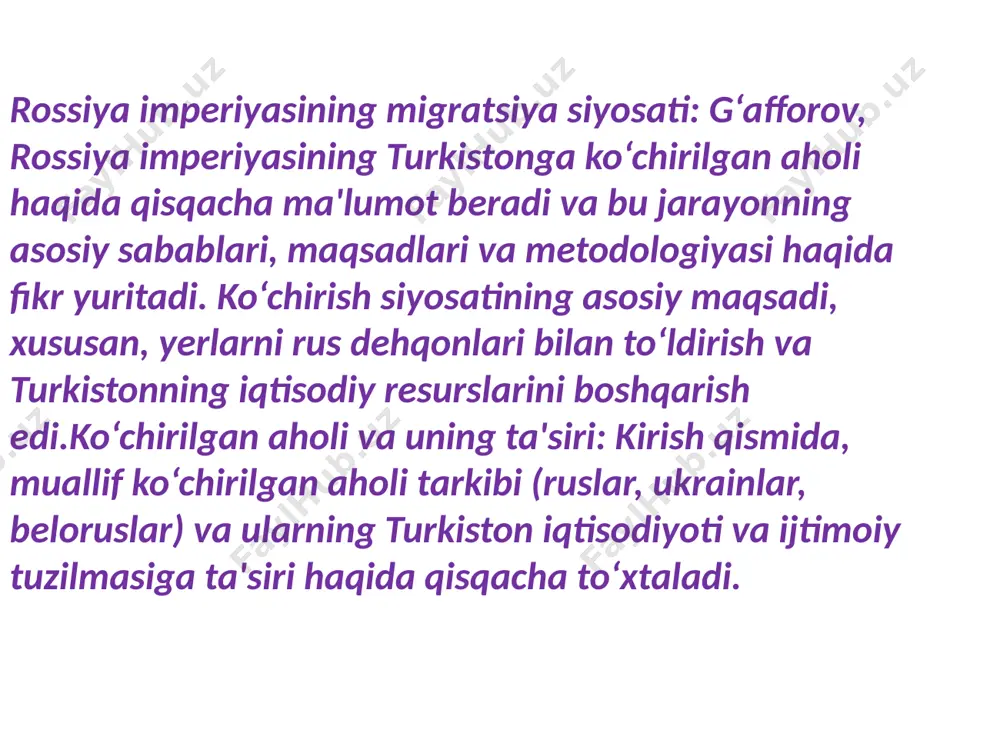 . g‘afforov, bu davrdagi siyosiy qarorlar va ularning natijalari haqida ham tahlil olib boradi. xulosa rossiya imperiyasi turkistonda iqtisodiy va siyosiy nazoratni mustahkamlash maqsadida ko‘chirish siyosatini amalga oshirgan. ko‘chirilgan aholi, asosan, rus va ukrain dehqonlari, qishloq xo‘jaligini rivojlantirish va sanoatni modernizatsiya qilishga yordam bergan. bu jarayon, mahalliy dehqonlar bilan raqobatga olib kelgan va yer taqsimoti bo‘yicha ziddiyatlarni kuchaytirgan. ijtimoiy va iqtisodiy ta'sirlar: ko‘chirilganlar va mahalliy aholi o‘rtasida ijtimoiy va iqtisodiy farqlar, resurslar ustidan raqobat, va mehnat bozori bo‘yicha ziddiyatlar yuzaga kelgan. bu jarayon turkistonning iqtisodiy tizimiga sezilarli o‘zgarishlar kiritgan, lekin mahalliy xalqlarning madaniy va ijtimoiy o‘ziga xosligini saqlashga bo‘lgan intilishlari davom etgan. foydalanilgan adabiyotlar g'afforov.s.sh.rossiya imperiyasidan turkistonga kochirilganlar image1.jpeg image2.jpeg image3.jpeg image4.jpeg