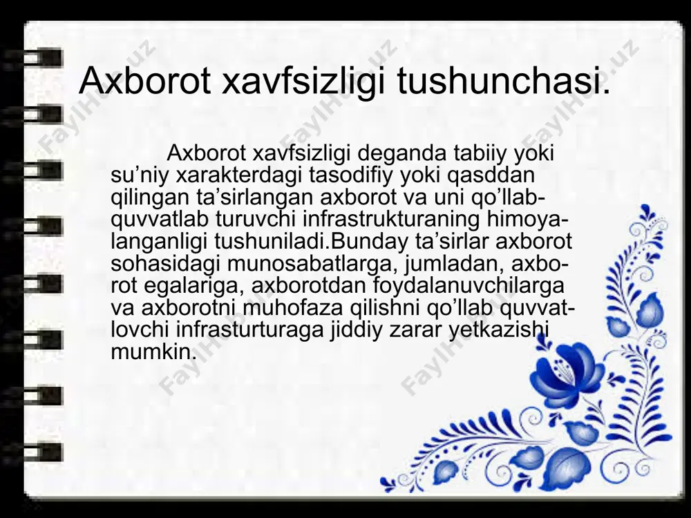 va tajriba konstruktorlik ishlarini tashkillashtirish tizimlarini o’z ichiga oluvchi murakkab tizimdir. axborotni muhofaza qilishning davlat tizimi ish yuritishi quyidagi qonun,me’yoriy hujjatlar asosida amalga oshiradi: -o’zbekiston respublikasining konstitutsiyasi; -”davlat sirlarini saqlash to’g’risida” gi qonun; -”axborotlashtirish to’g’risida”gi qonun; -”maxsulotlar va xizmatlarni sertifikatsiyalashtirish to’g’risida”gi qonun -”faoliyat ayrim turlarini litsenziyalash to’g’risida”gi qonun -”standartlashtirish to’g’risida”gi qonun -”aloqa to’g’risida”gi qonun -”telekommunikatsiyalar to’g’risida”gi qonun -”axborot olish kafolatlari va erkinligi to’g’risida”gi qonun -”axborot erkinligi prinsiplari va kafolatlari to’g’risida”gi qonun -”elektron hujjat aylanishi to’g’risida”gi qonun; -”elektron raqamli imzo to’g’risida”gi qonun; -”elektron tijorat to’g’risida”gi qonun -o’zbekiston respublikasi prezidentining farmonlari va qarorlari; -o’zbekiston respublikasi vazirlar mahkamasining qarorlari; -axborotni muxofaza qilish sohasidagi vazirlik,muassasa,agentlik va xo’jaliklarning boshqa huquqiy aktlari. e’tiboringgiz uchun rahmat!!! image1.jpeg image2.jpeg image3.jpeg /docprops/thumbnail.jpeg