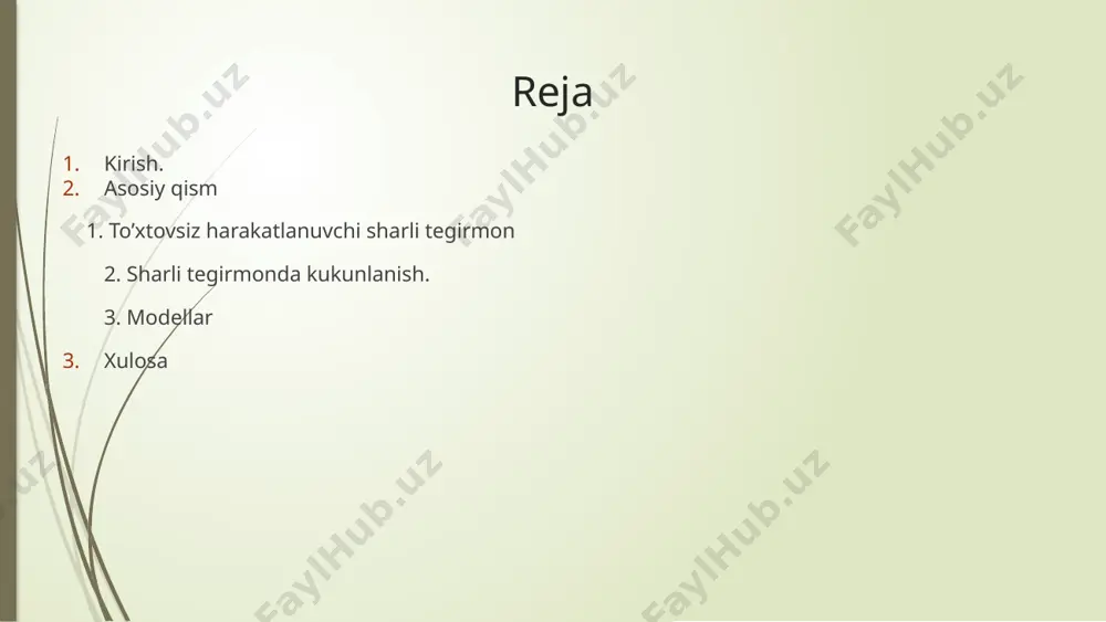 da ushbu uslublar har xil birikishda qo‘llaniladi. kirish konstruksiyasi va ishlash prinsipi bo‘yicha quyidagi asosiy tiplardagi tegirmonlar bir–biridan farqlanadi: 1) barabanli tegirmonlar (4–rasm, a chizma), mayin maydalash uchun mo‘ljallangan. ushbu tegirmonlar zarb prinsipi bo‘yicha va aylanayotgan yoki tebranuvchi barabanda (2) maydalanadigan material bilan birgalikda joylashgan erkin beriladigan jismlarni (1) maydalanishi (sharlar, silindrlar, chiviqlar, sterjenlar va sh.k.) qisman ishqalanib eyilib ishlashi mumkin. barabanli tegirmonlar materialning yirik bo‘laklarimaydaga qisman ishqalanib eyilishida zarb bilan kukunlanadigan jismsiz ishlaydi; 2) rolikli tebranuvchi tegirmonlar (4–rasm, b chizma), ularda material qo‘zg‘almas halqalar (1) va vertikal (tik) valga (4) mahkamlangan, chorbarmoqga (bir-biriga ko‘ndalang qilib chalishtirilgan ikki detal) sharnirli osilgan (3) tez aylanuvchan roliklar (2) orasida yanchiladi. kirish 3) halqali sharli tegirmonlar (4–rasm, v chizma), ularda materialni tuyilishi bir–biridan uncha katta bo‘lmagan tirqish bilan chopish yo‘lagida yotqizilgan va halqa (2) bilan aylanuvchan sharlar (1) yanchishi uslubida amalga oshiriladi. sharlar chopish yo‘lagida yuqori halqaning (3) pastki aylanuvchan halqasida siqiladi; 4) …