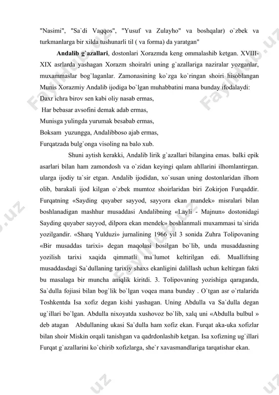 t g`azallarini ko`chirib xofizlarga, she`r xavasmandlariga tarqatishar ekan. sa`dulla dovyurak, adolatli, xalqparvar yigit bo`lib, furqat uning bu xislatlarini juda xurmat qilar ekan. sa`dulla furqat tomonidan yozilgan xajviyalarni uqib yurganligi uchun boylar g`azabga kelib, undan o`ch olmoqchi bo`lishadi. kunlarning birida isa xofizning uyiga bir kishi kelib abdulla bilan sa`dullani so`raydi. sa`dulla akasi yo`qligini aytganida, haligi kishi: «bo`lmasa o`zingiz yura qoling, ziyofatga aytib yuborishdi. do`stingiz furqat ham bo`ladilar», deydi. furqat nomini eshitgan sa`dulla rozi bo`ladi. ular bir boynikiga kirib borishadi. u yerdagilar sa`dullani ochiq yuz bilan kutib olishib uni yuqoriga o`tkazishadi. sa`dulla tanishlaridan uch to`rttasini kuradi-yu, lekin furqatni ko`rmay hayron bo`ladi. bir ozdan so`ng o`tirganlardan ba`zilari unga achchiq gaplar ota boshlashadi.dovyurak sa`dulla ularning bu gaplariga parvo ham qilmaydi. bu esa o`tirganlarning jig`iga tegadi. xufton nomozini uqish uchun o`rinlaridan turishganda sa`dullani «hurmatlab» oldinga o`tkazishadi. sa`dulla boshini sajdaga qo`yishi bilan orqadan to`rt norgul yigit unga tashlanib, og`ziga latta tiqishadi, kul-oyoqlarini bog`lashadi. shundan keyin katta …