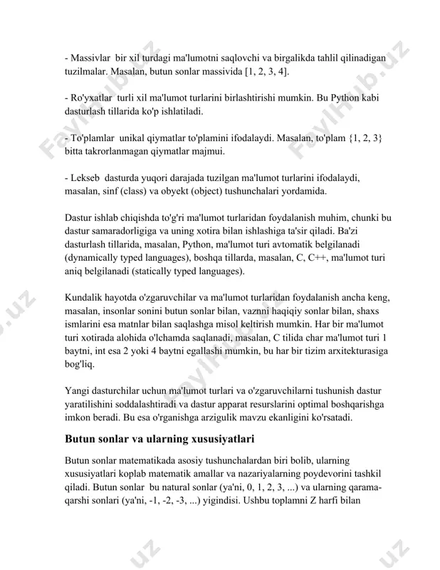 kita butun sonni qoshish natijasida yana bir butun son hosil boladi. masalan, 3 + (-5) = -2. ayirish ham xuddi shunday: 7 - 10 = -3. 3. kopaytirish va bolish: butun sonlar ozaro kopaytirilsa, natija ham butun son boladi. masalan, 4 * (-2) = -8. lekin, bolish amali har doim ham butun son hosil qilmasligi mumkin. masalan, 7 / 2 = 3.5, bu butun son emas. 4. qarama-qarshilik xususiyati: har bir butun sonning qarama-qarshi soni mavjud va ular qoshilganda nol natija beradi. masalan, 5 va -5 qarama-qarshi sonlar bolib, 5 + (-5) = 0 ga teng. 5. nolning orni: nol bu butun sonlar toplamining ortasida joylashgan son. u qoshish amalida neytral element sifatida xizmat qiladi: har qanday butun sonda 0 ni qoshish natijani ozgartirmaydi, ya'ni n + 0 = n. 6. tartiblash va sondoshlik: butun sonlarni kattalikka kora tartibga solish mumkin. har qanday ikkita butun sonni taqqoslashda, bittasi ikkinchisidan katta …