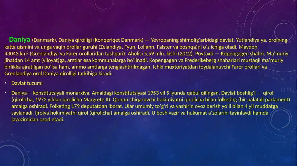 i. yalpi milliy mahsulotning 30 % davlat sektoriga toʻgʻri keladi. yalpi ichki mahsulotda sanoat va qurilishning ulushi 26,4 %, qishloq, oʻrmon xoʻjaligi va baliqchilikning ulushi — 3,5 %. yalpi mahsulotning 40 % dan koʻprogʻi chetga sotiladi. sanoatida neft, tabiiy gaz, kaolin qazib chiqarish katta oʻrin oladi. ikkinchi jahon urushi (1939—45)dan keyin mashinasozlik sanoati rivoj topdi. kimyo sanoati, neftdan turli mahsulotlar ishlab chiqarish ham rivojlangan. yoqilgʻiga boʻlgan ehtiyojning bir qismi chetdan keltiriladigan neft va neft mahsulotlari hisobiga qondiriladi. sanoatda mayda va oʻrta korxonalar koʻp. kemasozlik alohida oʻrin tutadi; eng yirik sanoat markazlari: kopengagen, odense, xelsingyor, nakskov. mashinasozlikning boshqa tarmoqlari asosan kema dizellari, sement va oziq-ovqat sanoati uchun asbob-uskunalar, elektr motor, transformator, radiopriyomnik, televizor, magnitofonlar ishlab chiqaradi (asosiy markazlari kopengagen, odense). kimyo sanoati doridarmon, fosfatli va azotli oʻgʻitlar, sintetik smola va plastmassalar ishlab chiqarishga ixtisoslashgan. toʻqimachilik, trikotaj va tikuvchilik sanoatining asosiy markazlari yutlandiyaning sharqi va shimolida joylashgan (vayle, xerning, viborg va boshqa). …