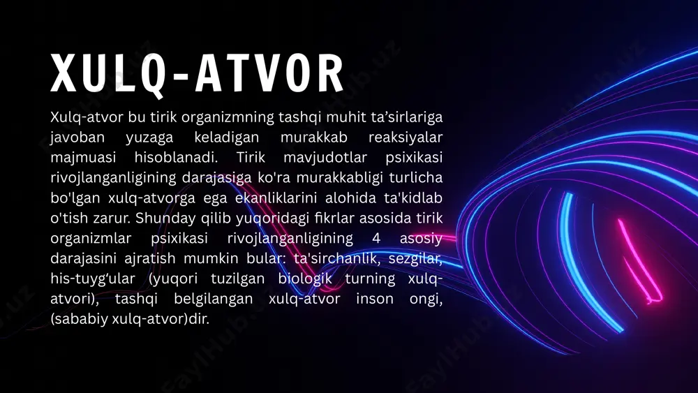 biliyatimizdir. u bizning fikrlash jarayonlarimizni boshqaradi va bizga ma'lumotni qayta ishlashga imkon beradi. his-tuyg'ular ongsizlik - bu his-tuyg'ular, xotiralar va motivlarni o'z ichiga olgan ruhiy jarayonlar to'plami. u bizning xulq-atvorimizga va qaror qabul qilishimizga ta'sir qiladi. xotira ong va ongsizlik ikkalasi ham xotira jarayonlarida rol o'ynaydi. ongli xotira - bu bizning xabardorligimiz ostida bo'lgan xotiralar, ongsizlik esa xotiralarni saqlash va ularni ongimizga ta'sir qilishda rol o'ynaydi. 1.7.2013 10 ‹#› onglilik va ongsizlik jarayonlarining neyrofiziologik tizimi 1 miya qobig'i ongli faoliyatning asosiy markazi hisoblanadi. bu miyaning eng tashqi qatlami bo'lib, fikrlash, xotira, til va idrok qilish uchun javobgardir. 2 limbik tizim his-tuyg'ular, motivlar va xotiralarni qayta ishlashda rol o'ynaydi. u ongsizlik jarayonlariga ta'sir qiladi va bizning xulq-atvorimizni shakllantirishda muhim rol o'ynaydi. 3 miya o'zagi asosan hayot uchun muhim fiziologik jarayonlarni, masalan, nafas olish, yurak urishini va tana haroratini nazorat qiladi. u ongsizlik jarayonlariga ta'sir qiladi, lekin bizning ongimizga to'g'ridan-to'g'ri ta'sir qilmaydi. …