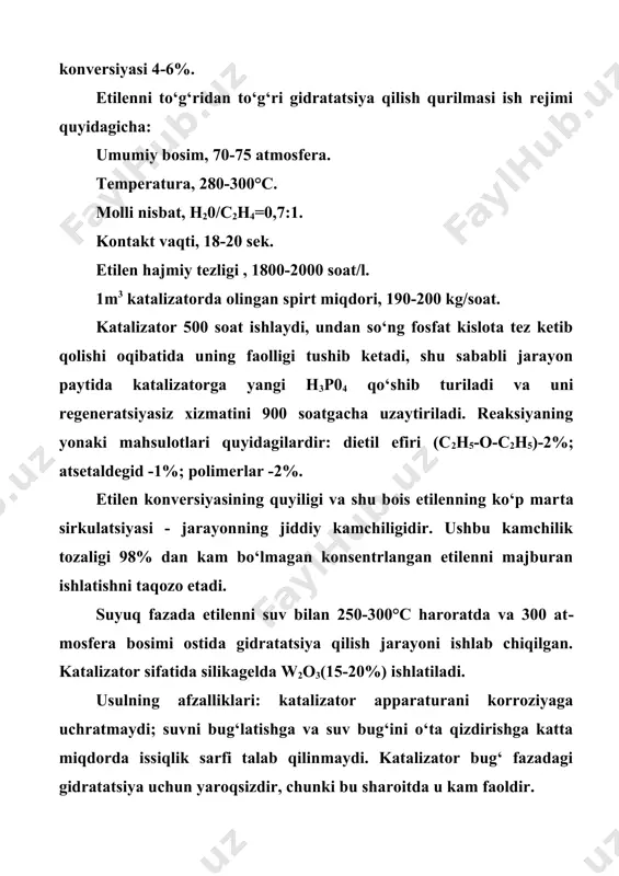 , dtashqi=1400 mm, dichki=1260 mm, futerovkasi misdan. katalizator qatlamining balandligi 7 m plyus 1 m yoyuvchiniki. 1t absolut spirt uchun katalizator sarfi - 5,25 kg. to‘g‘ridan to‘g‘ri gidratatsiya usuli o‘ta istiqbolli, uning ke​yingi mukammallashtirilishi eng ko‘proq faol katalizatorlarni tanlab olish bilan va suyuq fazada gidratatsiya jarayonini olib borish yo‘llarini qidirib topish bilan bog‘liqdir; shu bilan birga jarayon haroratini pasaytirish va etilen konversiyasini oshirish mumkin bo‘ladi. to‘g‘ridan to‘g‘ri gidratatsiya usuli katta quvvatli qurilmalar yaratish imkonini beradi. to‘g‘ridan to‘g‘ri gidratatsiya jarayonining kamchiligi - kata​lizatorni tez-tez almashtirilish va qimmatroq konsentrlangan eti​len fraksiyasini ishlatilishi bo‘ladi. shu sababli sanoatda ikki usul mavjud. aqshda olefinlarni gidratatsiya qilishda sulfat kislota usuli ishlatiladi. hamdo‘stlik mamlakatlarida to‘g‘ridan-to‘g‘ri gidratatsiya yo‘li bilan etil spirti, sulfat kislota usuli bilan esa izopropil spirti olinadi. olefinlarning sulfat kislota yordamida gidratatsiyasi 1873-yili a. m. butlerov va v. goryainovlar etilenning sulfat kislota yordamida gidratatsiyasini batafsil o‘rgandilar. faqatgina 1939-yili neft gazlaridan etil spirtini olish bo‘yicha birinchi sanoat …