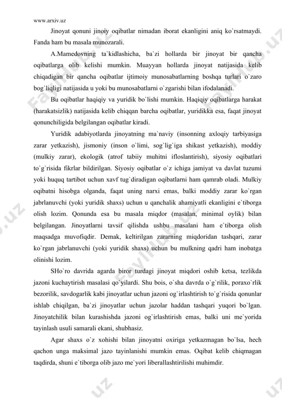 h (moddiy jinoyat jk 103-m.) ehtiyotsizlik orqasida sodir etilganligini kuzatish mumkin. shaxs o`z tuhmatini qanday og`ir oqibatlarga olib kelishini istamagan bo`lsa-da, bunda yuz berishi mumkinligini ko`ra bilgan yohud anglashi lozim bo`lgan bo`lishi kerak. bu holatda jinoyat birinchi harakatga nisbatan qasddan, oqibatiga esa ehtiyotsizlik orqasida sodir etilmoqda. jinoyat qonuni jinoiy oqibatlar nimadan iborat ekanligini aniq ko`rsatmaydi. fanda ham bu masala munozarali. a.mamedovning ta`kidlashicha, ba`zi hollarda bir jinoyat bir qancha oqibatlarga olib kelishi mumkin. muayyan hollarda jinoyat natijasida kelib chiqadigan bir qancha oqibatlar ijtimoiy munosabatlarning boshqa turlari o`zaro bog`liqligi natijasida u yoki bu munosabatlarni o`zgarishi bilan ifodalanadi . bu oqibatlar haqiqiy va yuridik bo`lishi mumkin. haqiqiy oqibatlarga harakat (harakatsizlik) natijasida kelib chiqqan barcha oqibatlar, yuridikka esa, faqat jinoyat qonunchiligida belgilangan oqibatlar kiradi. yuridik adabiyotlarda jinoyatning ma`naviy (insonning axloqiy tarbiyasiga zarar yetkazish), jismoniy (inson o`limi, sog`lig`iga shikast yetkazish), moddiy (mulkiy zarar), ekologik (atrof tabiiy muhitni ifloslantirish), siyosiy oqibatlari to`g`risida fikrlar bildirilgan. siyosiy oqibatlar …