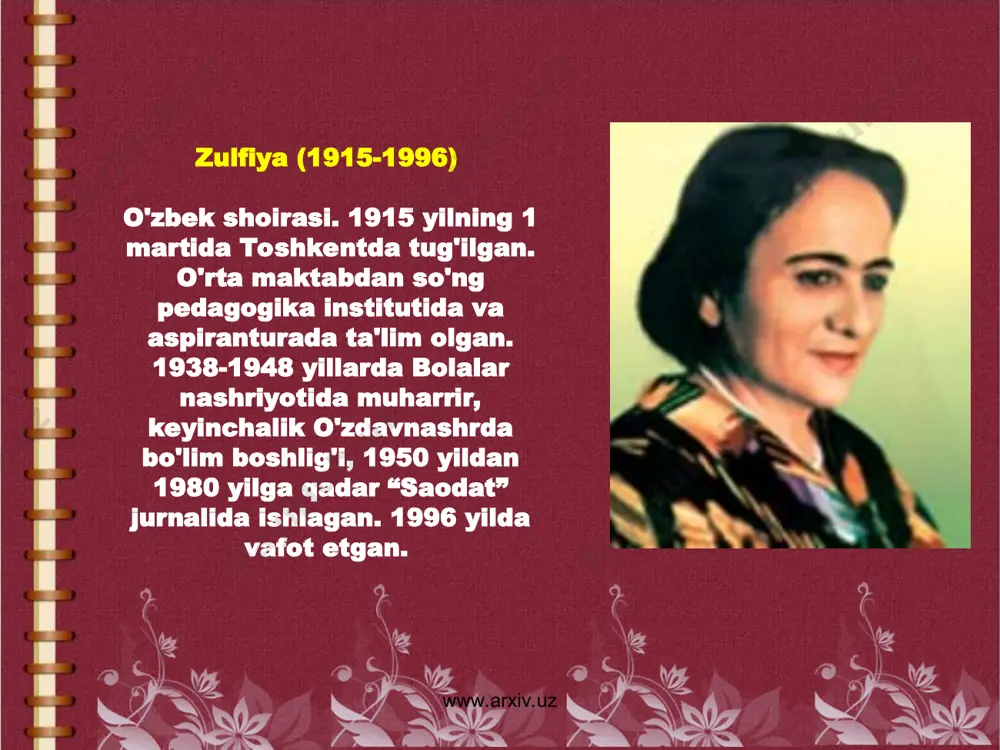 shash!.. www.arxiv.uz www.arxiv.uz zulfiya nomidagi davlat mukofotini mamlakatimizda yosh avlodga bo`lgan ta`lim tarbiya berish, ularni bilimli va zukko qilib tarbiyalash hamda turli yo`nalishlarda ijod qilayotgan yosh ijodkorlarni qo`llab-quvvatlash hamda ularni rag`batlantirish borasida qator ijobiy ishlar amalgam oshirilmoqda. respublikamiz yoshlari o`rtasida turli ta`lim grantlarining elon qilinishi, ta`lim olish uchun yoshlarga berilayotgan imkoniyatlar kelajakda yoshlarning aqliy salohiyatini yuksak darajaga ko`tarilishidan darak beradi. www.arxiv.uz www.arxiv.uz ma`lumki, o`zbekiston respublikasi prezidentining 1999 yil 10 iyunda “zulfiya nomidagi davlat mukofotini ta`sis etish bo`yicha takliflarni qo`llab-quvvatlash to`g`risi”dagi farmoni e`lon qilindi. ushbu mukofot mamlakatimiz yoshlari, iqtidorli va isre`dodli qizlarning hayotida ijtimoiy hodisa sifatida qabul qilindi. zulfiya mukofotini mazmun va mohiyati bilan prezidentimiz, hukumatimiz tomonidan yoshlarga va ularning kelajagiga ko`rsatilgan katta e`tabor va g`amxo`rlik timsolidir. www.arxiv.uz www.arxiv.uz bu ko`rsatkichlar yoshlar o`rtasida mukofot nufuzining ortib borayotgani, unga intilayotgan yosh qizlarning ko`payotgani va mukofot targ`iboti yaxshi yo`lga qo`yilayotganidan dalolat beradi. www.arxiv.uz www.arxiv.uz ushbu mokofot mana 10 yildirki yurtimizning noyob iste`dod egalari …