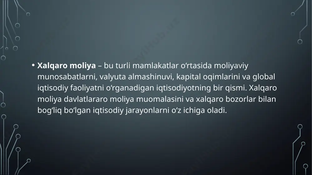 u esa global iqtisodiy o‘sishni rag‘batlantiradi. valyuta almashinuvi: valyuta almashinuvi xalqaro savdoni va investitsiyalarni qo‘llab-quvvatlaydi, shuningdek, mamlakatlar o‘rtasida iqtisodiy aloqalarni mustahkamlaydi. moliyaviy xizmatlar: xalqaro moliya tashkilotlari va banklari davlatlarga va kompaniyalarga moliyaviy xizmatlar ko‘rsatadi, bu esa ularga iqtisodiy barqarorlik va o‘sishni ta'minlashda yordam beradi. risklarni boshqarish: xalqaro moliya risklarni boshqarish uchun mexanizmlarni taklif qiladi, bu esa investorlar va davlatlar uchun xavfini kamaytiradi. xalqaro moliyaning muammolari: valyuta noaniqliklari: valyuta kurslarining o‘zgarishi xalqaro savdo va investitsiyalarga ta'sir qiladi. moliya bozorlaridagi notinchlik: xalqaro moliya bozorlaridagi inqirozlar va o‘zgarishlar global iqtisodiy barqarorlikka salbiy ta'sir ko‘rsatishi mumkin. siyosiy risklar: siyosiy barqarorlik va hukumatning moliya siyosati investorlar uchun muhimdir. siyosiy notinchlik investitsiyalarni kamaytirishi yoki cheklashi mumkin. global iqtisodiy tengsizlik: xalqaro moliya tizimida boy va kambag‘al mamlakatlar o‘rtasidagi iqtisodiy tengsizliklar ko‘proq muammolarni keltirib chiqarishi mumkin. xulosa: xalqaro moliya – bu global iqtisodiy faoliyatning muhim qismi bo‘lib, davlatlar o‘rtasidagi moliyaviy munosabatlar, savdo va investitsiyalarni boshqaradi. xalqaro moliya muammolarini …
