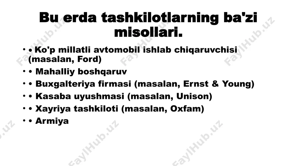 ga. • ular moslashuvchan faoliyat olib boradilar, vaziyatga qarab kapital va korxonalarni birlashtirishlari mumkin. kamchiliklari davlat sektori davlat sektori davlat va mahalliy hokimiyat organlariga tegishli va boshqariladigan barcha tashkilotlarni o'z ichiga oladi. quyida bir nechta misollar: harbiy muassasa hukumat idoralari aksariyat maktablar va universitetlar davlat sektori tashkilotlari turli maqsadlarga xizmat qiladi. • buyuk britaniya pensiya xizmati ijtimoiy ta'minot tizimining pensiyalar, nafaqalar va pensiya ma'lumotlari bilan bog'liq qismini boshqaradi. • pochta bo'limi ijtimoiy funktsiyaga ega bo'lsa-da, pochta xizmatlaridan foyda oladi. kooperativlar - bu o'z xodimlari yoki mijozlariga tegishli bo'lgan foydani bo'lishadigan korxonalar. uning xususiyatlari quyidagicha: • ochiq aʼzolik • demokratik nazorat (bir a'zo, bitta ovoz) • ortiqcha miqdorni xaridlarga mutanosib ravishda taqsimlash • ta'limni rag'batlantirish aksiyadorlik jamiyati nima ? aksiyadorlar jamiyati — daromad topish maqsadida hissadorlik tamoyiliga binoan uyushgan sherikchilik jamiyati. aksiyadorlar jamiyati boshqa sherikchilik korxonasidan farqliroq, muomalaga nominal qiymati koʻrsatilgan aksiyalar chiqarish va uni sotish yoʻli bilan tarqatish bunday jamiyatning …