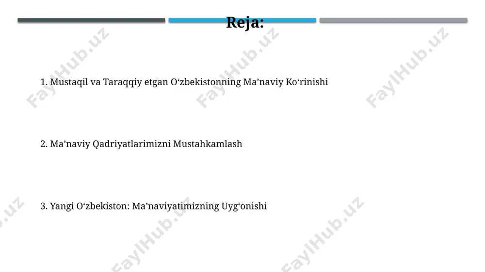olish ko'zda tutilgan. yoshlar ma'naviyatini yuksaltirishga 2023 yilda 150 dan ortiq yangi madaniy markazlar ochilishi rejalashtirilgan bo'lib, ularda 5000 dan ziyod yoshlar turli ma'naviy-ma'rifiy dasturlarda ishtirok etadi. din va ma'naviyatning o'rni mamlakatdagi 15 tadan ortiq konfessiya vakillari o'rtasidagi diniy bag'rikenglik va hamkorlikni mustahkamlashga qaratilgan hukumat tashabbuslari ma'naviy rivojlanishga ijobiy ta'sir ko'rsatmoqda. o'zbekistonda 2020 yildan buyon 1000 dan ortiq masjid va ibodatxonalarni ta'mirlash va qurish bo'yicha keng ko'lamli dasturlar amalga oshirilmoqda, bu diniy erkinlikni ta'minlashga xizmat qilmoqda. madaniyat va san'atning ma'naviy ta'siri o'zbekistondagi 200 dan ortiq muzey va san'at galereyalari milliy va jahon madaniyatining boy merosini namoyish etib, ma'naviy boyinishga hissa qo'shadi. mustaqillikdan keyingi 30 yilda 1000 dan ortiq yangi teatr, kontsert va madaniy markazlarning ochilishi ma'naviy-axloqiy tarbiya tizimini mustahkamladi. e'tiboringiz uchun rahmat @taqdimot_robot image1.jpg image2.jpg image3.jpg image4.jpg image5.jpg image6.jpg image7.jpg