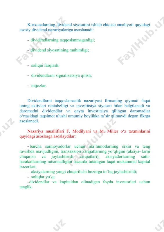 orlari dividend siyosati aksiyadorlarning umumiy boyligi miqdoriga sezilarli darajada ta’sir qiladi deb hisob- lashadi. xatarlardan qochish istagiga asoslanib, aksiyadorlar har doim boʻlajak potensial toʻlovlardan, shu jumladan kapitalning qadrlanishi- dan koʻra, dividend toʻlashni har doim afzal koʻrishadi. toʻlangan dividendlar miqdori ushbu kompaniyaga sarmoya kiri- tishning barqarorligi va maqsadga muvofiqligini koʻrsatganligi sababli, aksiyadorlar investitsiya qilingan kapitalning past rentabellik daraja- sidan mamnun boʻlib, bu kompaniyaning bozor qiymatining oshishiga olib keladi. xx asrda soliqlar differensial nazariyasining tarafdorlari r.litsen- berger va k.ramsvami aksiyadorlar uchun dividend rentabelligi emas, balki qiymat kapitallashuvidan olinadigan daromad muhimroq, deb hisoblashadi. amerika qoʻshma shtatlarida kapitalizatsiya daromadlari olingan dividendlarga qaraganda past stavka boʻyicha soliqqa tortilganligi sababli, foyda yigʻadigan, ammo dividendlarni toʻlamaydigan firma sarmoyasi yanada foydali boʻlishi kerak. binobarin, kompaniyalar uchun katta dividendlar toʻlash foydali emas, chunki uning bozordagi qiymati dividendlarni toʻlash xarajat- larining past darajasi bilan maksimal darajaga koʻtariladi. dividend- larning signalizatsiya nazariyasi (yoki signalizatsiya nazariyasi) aksiyalarning bozor qiymatini baholash uchun asos …