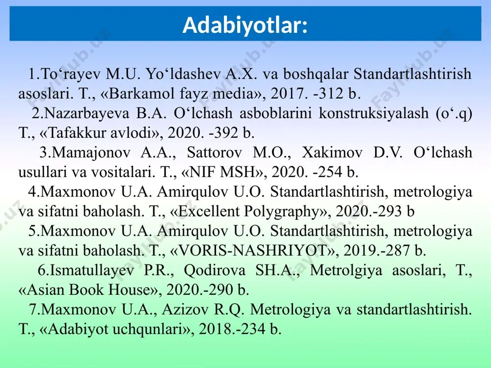 ash vositasining umumiy xatoligi meyorlangan qiymatdan ortib ketmasligi kerak. har bir o‘lchash asbobining xatoliklarini chegarasi va ta’sir etuvchi koeffitsientlar haqidagi ma’lumotlar asbobning pasportida keltirilgan bo‘ladi. o‘lchash asboblari ko‘pincha yo‘l qo‘yilishi mumkin bo‘lgan xatoligi bo‘yicha klasslarga bo‘linadi. masalan: elektromexanik turidagi ko‘rsatuvchi asboblarda standart bo‘yicha quyidagi aniqliklar ishlatiladi: а.k 0,02; 0,05; 0,1; 0,2; 0,5; 1; 1,5; 2,5; 4 odatda, asboblarning aniqlik klasslari asbobning shkalasida beriladi va ularning keltirilgan xatoligini bildirib, quyidagicha bog‘langan bo‘ladi: а.k=k mахk; а.k k mахkq/ах max agar o‘lchash asbobining shkalasidagi aniqlik klassi aylana bilan chegaralangan bo‘lsa, masalan 1,5, u holda bu asbobning xatoligi shkala oxirida 1,5 % ga tengligini bildiradi. agar o‘lchash asbobining aniqlik klassi chiziqchasiz bo‘lsa, u holda aniqlik klassi raqami keltirilgan xatolikning qiymatini bildiradi. lekin bir narsani unutmaslik lozim, agar asbob, masalan ampermetr keltirilgan xatolik bo‘yicha 0,5 klass aniqligiga ega bo‘lsa, uning barcha o‘lchash diapazoni oralig‘idagi xatoliklari ±0,5% dan ortmaydi deyishlik xato bo‘ladi. chunki, bu turdagi asboblarda …