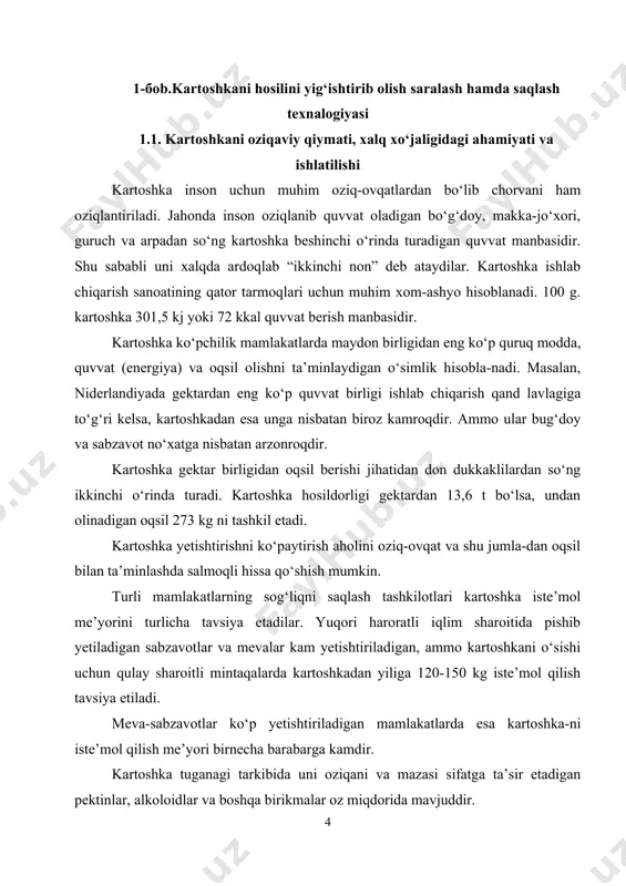irganda ezilishi va yaxshi pishishini ta’minlash bilan birga texnik qayta ishlashda xom-ashyo sifatida foydalanishga xos xususiyatlarini belgilaydi. u 65°s gacha qizdirilganda oson yelimlashadi va yopishqoqligi oshadi. kraxmal organizmda oson hazm bo‘ladi, 1 kg kartoshka 700-830 kkal energiya berish xususiyatiga ega. kartoshka kraxmali qog‘oz, to‘qimachilik, yog‘ochni qayta ishlash, qurilish, sopol buyumlar, kimyo, farmatsevtika, oziq-ovqat sanoatida 500 dan ortiq nomdagi mahsulotlar ishlab chiqarishda foydalaniladi. kartoshka azotli birikmalari asoson oqsillardan iborat bo‘lib, u inson organizmini aminokislotalar bilan to‘yintirishda asosiy manba hisoblanadi. vitamin s miqdori kartoshka tuganagi tarkibida 10-30 mg foizdan 50 mg gacha yetishi mumkin. agar kartoshkadan 300 g iste’mol qilsa, inson sutka mobaynida zarur bo‘ladigan vitamin s miqdorini oladi. shu bilan birga organizm 17,5% vitamin v1 va 5% vitamin v2 bilan ta’minlanadi. kartoshka tuganagi tarkibida yuqoridagilardan tashqari vitamin v6, rr va patoten kislota mavjuddir. ular miqdori karam, sabzi, bodring, olmadagilarga nisbatan sezilarli darajada ko‘pdir. kartoshka tarkibidagi biologik moddalarni to‘liq saqlab qolish uchun …