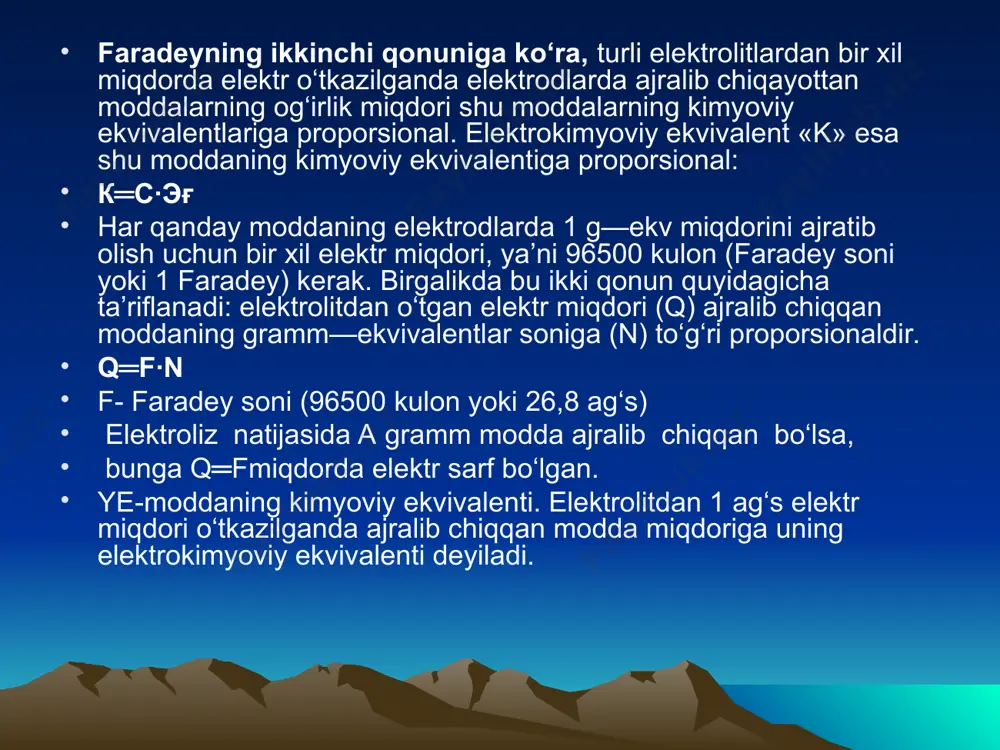 masi elektrizyorning ikkinchi qismiga yuboriladi va suv bilan reaksiyaga kirishadi. na∙nhgqh2o→naohqnhgqh2↑ ajralib chiqqan simob nasos yordamida elektrolizyorni yuqori qismiga ko‘tariladi va katod vazifasini bajaradi. garchan bu usulda juda toza va konsentrlangan ishqor eritmasi hosil bo‘lsa ham, uning qo‘llanilishi taqiqlab qo‘yilgan, chunki simob ekologik xavfsiz bo‘lmaydi. dunyodagi hamma rivojlangan davlatlar ishqor ishlab chiqarishda membrana usuliga o‘tgan. membrana usulida asbet kartonli diafragma o‘rniga issiq ishqor va xlorga chidamli bo‘lgan, ishqor ta’sirida yemirilmaydigan, ftortutgan polimerlardan yasalgan membranalar ishlatiladi. membranalar kation almashuvchi bo‘lib, anod sohasidan katod soxasiga faqat naq tashib beradi, va sl- o‘tkazmaydi. shu sababli hosil bo‘lgan ishqor sifati yuqori bo‘ladi. dunyoda birinchi bo‘lib yaponiya firmalari (asaxi kasay) bunday membranali moslamalarni ishga tushirdilar va 1983 yilga kelib osh tuzi eritmasidan ishqor, s12 va n2 ishlab chiqaradigan hamma firmalari bu usulga o‘tdi. elektrolizyordagi diafragma vazifasini bajaruvchi parda kation almashuvchi sulfo—( —so3h) va karboksil (—soon) guruhlar tutgan ftorpoli-merlardan iborat. ftorpolimerlarga tetraftor—etilenning sopolimerlri kiradi va ularning …