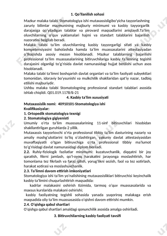 l etish uchun zarur bo‘lgan axborotni izlash, tahlil qilish va baholashni amalga oshirish; uk-5. kasbga oid faoliyatni uning maqsadlari, mazmunlarini zamon talabiga moslab, zamonaviy texnologiyalardan o‘rinli foydalanishni amalga oshirish; uk-6. lavozim vazifalarni bajarish jarayonlari sifati uchun mas’uliyatni o‘z zimmasiga olish va nazorat qilish; uk-7. shaxsiy va kasbiy malakasini rivojlantirish vazifalarini mustaqil ravishda belgilash, mustaqil ta’lim olish bilan shug‘ullanish, ongli ravishda malaka oshirishni rejalashtirish; uk-8. o‘z faoliyatida aholi hayotini himoya qilish va malakali tibbiy hizmat bilan ta’minlash; uk-9. sanoat va nosanoat tashkilotlarda vujudga keladigan chiqindilarni atrof-muhitga zarar yetkazmaslik choralarini koʻrish va utilizatsiya qilish; uk-10. sohaga oid ekologik madaniyatga rioya qilgan holda faoliyat olib borish; 4.2.stomatologiya ishi ta’lim yo‘nalishining mutaxassislik(kasb)lari ta’lim dasturini o‘zlashtirgan bitiruvchi quyidagi kasbiy kompetensiyalarga ega bo‘lishi kerak: 4.2.1. ortopedik stomatologiya texnigi kvalifikasiyasi bo‘yicha: kk-1.1. inson xayoti faoliyatining turli yoshlar davrlarida asosiy qonuniyatlari, odam organizmidagi fiziologik va patologik jarayonlar va ularni hayot tarziga ta’sirini bilish; kk-1.2. infeksion havfsizlikni ta’minlash (sanitar-gigiyenik …