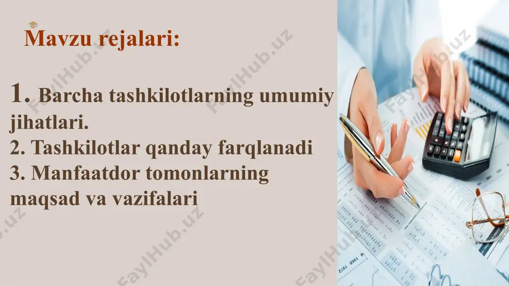 rxonalar foyda olish uchun mavjud. boshqalar, armiya kabi, foyda olish uchun emas. (e) huquqiy maqom. tashkilotlar mas'uliyati cheklangan jamiyatlar yoki shirkatlar bo'lishi mumkin. (f) hajmi. biznes kichik oilaviy biznes yoki ko'p millatli korporatsiya bo'lishi mumkin. g) moliyalashtirish manbalari. korxonalar banklardan qarz olish yoki davlat mablag'lari yoki aktsiyalarni chiqarish yo'li bilan moliyalashtirishi mumkin. (h) texnologiya. kompaniyalar texnologiyadan foydalanishning turli darajalariga ega. misol uchun, kompyuter firmalari texnologiyadan keng foydalanadilar va burchak do'konlar esa juda kam. tashkilotlar har xil turdagi ishlarni bajaradilar. mana bir nechta misollar. sanoat faoliyat qishloq xo'jaligi oziq-ovqat mahsulotlarini ishlab chiqarish va qayta ishlash ishlab chiqarish xom ashyoni sotib olish hamda mehnat va texnologiyadan foydalangan holda ularni mahsulotga aylantirish (masalan, avtomobil) ekstraksiya / xom ashyo xom ashyoni qazib olish va qayta ishlash (masalan, tog'-kon sanoati) energiya bir resursni (masalan, ko'mir) boshqasiga (masalan, elektr energiyasiga) aylantirish chakana savdo / tarqatish tovarlarni oxirgi iste'molchiga yetkazib berish intellektual ishlab chiqarish intellektual mulk ishlab …