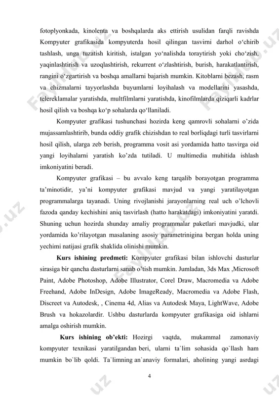 t texnologiyalari” fani o‘qituvchilarini axborot-kommunikatsiya texnologiyalarini rivojlantirish jamg‘armasi va it-parkning mablag‘lari hisobidan har yili bazaviy hisoblash miqdorining 20 baravari miqdorida bir martalik mukofotlash tizimini joriy qilsin” deb belgilab berilgan.[2] o‘zbekiston respublikasi prezidenti tomonidan qabul qilingan 2022-2026 yillarga mo‘ljallangan “yangi o‘zbekistonning taraqqiyot strategiyasi” da 4-yo‘nalish “ adolatli ijtimoiy siyosat yuritish inson kapitalini rivojlantirish” sohasida alohida ta’kidab o‘tilganidek, maqsadlar albatta ta’lim sohasida vatanimizni 2030 yilgacha rivijlantirishga poydevor bo‘luvchi vazifalar sifatida namoyon bo‘lgan. ta’lim sifati qay darajada keng bo‘lsa demak, iqtisodiy maqsad va kelajakka sarmoya kiritishda hech qanday ikkilanishlar vujudga kelmaydi. bugungi kunda mobil ilovalarning xilma-xilligi shunchalik ko‘payib bormoqdaki, ular odamlarning hisoblash usullarini his qilishlari va tajribalarini sezilarli darajada o‘zgartiradilar. bir necha yil oldin, internetga kirish, xatlarni tekshirish va o‘qish uchun kompyuterdan foydalanish kerak edi, ammo bugungi kunda bu o‘zgardi, chunki hisoblash endi mobil telefonlarda hamma joyda amalga oshiriladi. kurs ishining tuzilishi: kurs ishida kirish qismi 2 bob 4 ta reja xulosa va …