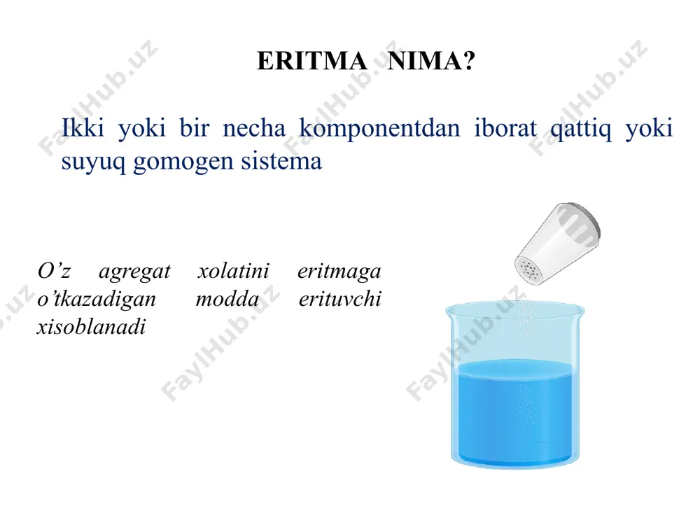 g suyuqlikda erishi gazlarning suyuqliklarda erishi o’zgarmas temperaturada ma’lum xajm suyuqlikda erigan gazning massasi shu gazning bosimiga to’ri proportsional bir gazning erishiga aralashmadagi boshqa gazlar xalaqit bermaydi, erigan gazning miqdori uning partsial bosimigagina proportsional m- ma'lum xajmdagi suyuqlikda erigan gazning og’irligi p- gaz bosimi k- proporsionallik koeffisiyenti m = k.p genri qonuni genri-dalton qouni to’yingan bug’ bosimi suyuqlik bilan muvozanatda bo’lgan bug’ to’yingan bug’ deyiladi. to’yingan bug’ning idish devoriga beradigan bosimi shu suyuqlikning to’yingan bug’ bosimi deyiladi. to’yingan bug’ bosimi image1.png image2.jpeg image3.png image4.png image5.jpeg image6.jpeg image7.jpeg image8.png image9.png image10.jpeg image11.gif image12.jpeg /docprops/thumbnail.jpeg