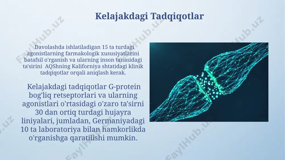 ichiga o'tishi, 15-30 daqiqa davom etadi va ligand konsentratsiyasi 10 nm dan yuqori bo'lganda kuzatiladi. signal transduktsiyasi yo'llari g-protein bog'langan retseptorlari orqali signal uzatish yo'llari 7-transmembran domenli retseptorlarni o'z ichiga oladi va adenilatsiklaza faolligini o'zgartirish orqali, masalan, camp darajasini ko'paytirish orqali hujayra ichidagi javoblarni boshqaradi, bu esa keyinchalik protein kinaz a ni faollashtiradi. fosfolipaz c (plc) yo'llari, kaltsiy ionlari (ca2+) konsentratsiyasini o'zgartirib, hujayra ichidagi kalsiy darajasini oshirish orqali, masalan, mushak hujayralarida qisqarishni keltirib chiqaradi, bu jarayon kaliforniya universiteti olimlari tomonidan keng o'rganilgan. agonistlarning turli xillari ba'zi agonistlar, masalan, muskarinik asetilxolin retseptorlari agonistlari, m1 dan m5 gacha bo'lgan 5 ta subtipga ega bo'lib, ularning har biri turli to'qimalarda, masalan, yurak va miya hujayralarida turlicha ta'sir ko'rsatadi. full agonistlar, masalan, isoproterenol (beta-adrenergik retseptorlar uchun), maksimal javobni keltirib chiqaradi, qisman agonistlar esa, masalan, salbutamol (beta-2-adrenergik retseptorlar uchun), maksimal javobning faqat bir qismini keltirib chiqaradi. e'tiboringiz uchun rahmat @taqdimot_robot image4.png image5.jpg image6.jpg image7.jpg image8.jpg …