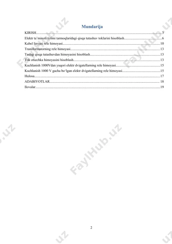 inoti sistemasining o‘ziga xos xarakterli belgilari, ularda bo‘ladigan jarayonlarning katta tezlikda kechishi va avariya xarkteriga ega bo‘lgan shikastlanishlarning yuzaga kelishi mumkinligidir. shu sababli elektr ta’minoti sistemasining ishonchli va tejamli ishlashiga avtomatik boshqarish yo‘li bilangina erishish mumkin. buning uchun har xil avtomatik boshqarish qurilmalari ishlatiladi. ular orasida asosiy o‘rinladan birini avtomatik rele himoyasi qurilmalari egallaydi. rele himoyasi qurilmalari elektr qurilmalarda shikastlanish yoki anormal rejim yuzaga kelganda ishlaydi. eng xavfli va ko‘p sodir bo‘ladigan shikastlanish qisqa tutashuvdir. qisqa tutashuvlar elektr qurilmalarining fazalari orasida yoki neytrali еrga ulangan elektr tarmoqlarida faza bilan еr orasida bo‘lishi mumkin. bundan tashqari qisqa tutashuvlar va faza uzilishi bilan boliq bo‘lgan murakkab shikastlanishlar ham sodir bo‘lishi mumkin. elektr mashinalari va transformatorlarda yuqorida ko‘rsatilgan shikastlanishlardan tashqari bitta faza o‘ramlari orasida ham tutashuv yuzaga kelishi mumkin. qisqa tutashuv natijasida elektr ta’minoti tizimining normal ishlashi buziladi. jumladan sinxron generatorlar, kompensatorlar va elektr dvigatellarning sinxronizatsiyadan chiqishi va isteomolchilarning ishlash rejimlari buzilishi mumkin. …