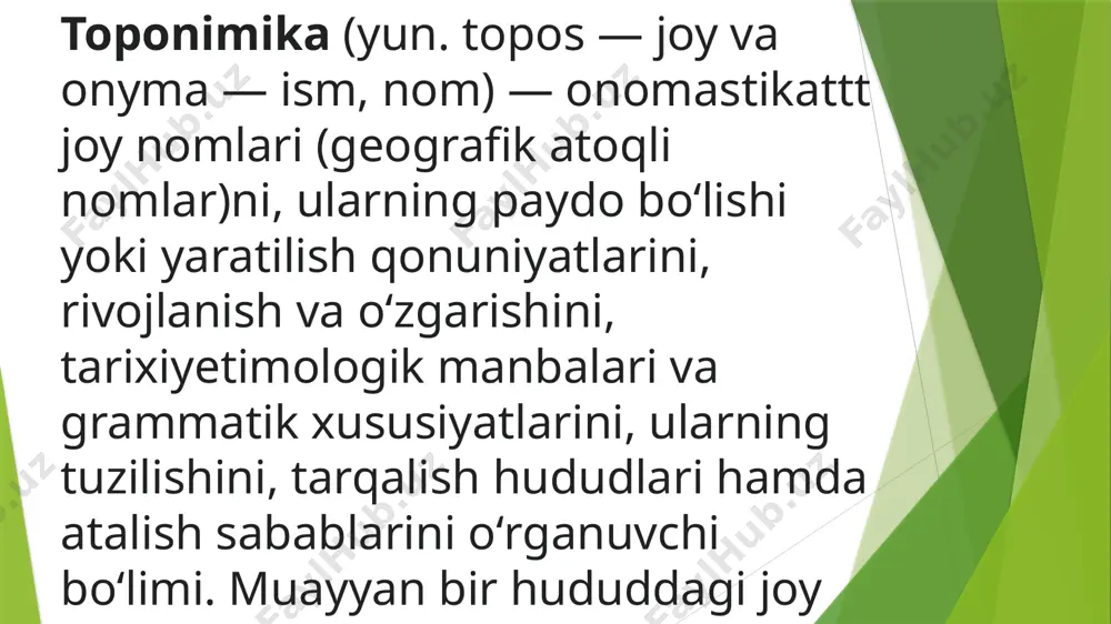, ularning joylashish chegaralarini belgilashga, tillarning oʻtmishdagi tarqalish hududlarini, madaniy va iqtisodiy markazlar, savdo yoʻllari va sh. k. geografiyasini tavsiflashga yordam beradi. toponimlarning amaliy transkripsiyasi, ularning dastlabki asosga koʻra hamda bir xil yozilishi, boshqa tillarda berilishi t.ning amaliy jihati hisoblanadi. toponimlar yirik yoki mayda obʼyektlarning nomlari ekanligiga qarab makrotoponimlar va mikrotoponimlarga ajratiladi: makrotoponimlar — keng hududlar, katta obʼyektlar (materiklar, okeanlar, togʻlar, choʻllar, daryolar, shaharlar, qishloqlar va shu kabi)ning atokli otlari; mikrotoponimlar — kichik obʼyektlar (jarliklar, tepaliklar, quduqlar, koʻchalar, qoʻrgʻonlar va shu kabi) ning atokli otlari. lekin toponimlarni bunday tasnif qilish shartli, chunki koʻpincha makrotoponim bilan mikrotoponimni farqlash qiyin. turli xil geografik obʼyektlarni atovchi nomlarning kategoriyalariga muvofiq ravishda t.ning quyidagi boʻlimlari ajratiladi: gidronimika — suv havzalari: daryo, kanal, soy, ariq, buloq, koʻl kabilarning nomlarini oʻrganuvchi soha; oykonimika — aholi yashash maskanlari va ularning qismlari: qishloq, mahalla, guzar, koʻcha, ovul, qoʻrgʻon nomlarini oʻrganuvchi soha; oronimika — yer yuzasining relyef shakllari: tof, choʻqqi, …