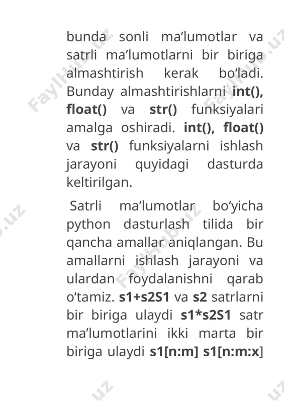 o‘zgaruvchi yaratish “s” o‘zgaruvchini yaratib, unga “hello world” satrini joylashtiramiz. endi “s” ni terib, “enter” ni bosganimizda, o‘zgaruvchi o‘z ichiga olgan o‘sha satr paydo bo‘ladi. matnni takroriy chiqarish va uzunligini aniqlash satr uzunligini len() funksiyasi yordamida aniqlash mumkin. phyton barcha belgi va probellar sonini o‘zi hisoblab chiqaradi. pythonda bitta so‘zni ekranga bir necha marta chiqarish imkoniyati mavjud. bu yerda “a” o‘zgaruvchining 10 marta takrorlanish buyrug‘ini berdik. satrlarni bir-biriga bog‘lash va qo‘shimcha kiritish satrlar ustida ko‘p bajariladigan amallardan biri bu – birlashtirish amalidir. satrlarni birlashtirish uchun “+” amali qo‘llaniladi. “c” o‘zgaruvchiga qo‘shimcha kiritish orqali satrni o‘zgartiramiz. indeks va qirqishlar bu yerda biz “s” o‘zgaruvchidagi satrdan oltinchi indeksni qirqib olishni buyurdik. natijada, u oltinchi o‘rinda turgan “w” belgisini chiqarib berdi. yodingingizda bo‘lsa, hisob “0” dan boshlanadi va probel ham hisobga olinadi agar o‘zgaruvchining ichidagi biror belgini ajratib chiqarmoqchi bo‘lsak, u holda o‘zgaruvchi va to‘rburchak qavs ichiga belgining indeksi yoziladi. satrning oxirini chiqarish, …