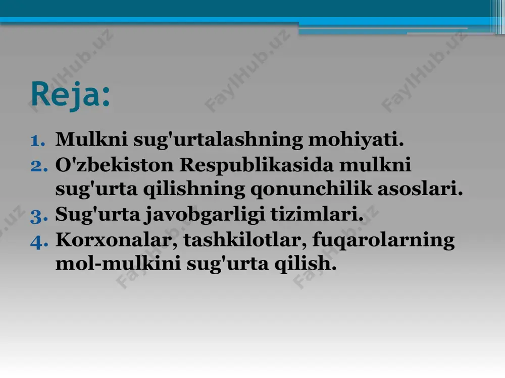fuqarolik javobgarligi xavfi - boshqa shaxslarning hayoti, sog'lig'i yoki mol-mulkiga zarar etkazish natijasida kelib chiqadigan majburiyatlar bo'yicha javobgarlik, shuningdek qonun hujjatlarida nazarda tutilgan hollarda shartnomalar bo'yicha javobgarlik xavfi. tadbirkorlik tavakkalchiligi - tadbirkorning kontragentlari tomonidan o'z majburiyatlarini buzganligi yoki tadbirkorga bog'liq bo'lmagan holatlar tufayli ushbu faoliyat shartlarining o'zgarishi sababli tadbirkorlik faoliyatidan kutilayotgan daromadni olmaslik xavfi. qisman mulk sug'urtasi agar mulk yoki tadbirkorlik tavakkalchiligini sug'urtalash shartnomasida sug'urta summasi sug'urta qiymatidan past bo'lsa, sug'urta hodisasi yuzaga kelganda sug'urtalovchi sug'urta qildiruvchiga (naf oluvchiga) etkazilgan zararni sug'urta qildiruvchiga (naf oluvchiga) ko'rsatilgan zararni sug'urta qiymatiga mutanosib ravishda qoplashi shart . sug'urta summasining sug'urta qiymatiga nisbati. qo'shimcha mulk sug'urtasi agar mulk yoki tadbirkorlik tavakkalchiligi sug'urta qiymatining faqat bir qismi sug'urta qilingan bo'lsa, sug'urta qildiruvchi (naf oluvchi) qo'shimcha sug'urta qilishni, shu jumladan boshqa sug'urtalovchi bilan ham, lekin barcha sug'urta shartnomalari bo'yicha sug'urta summasi sug'urta qildiruvchidan oshmasligi uchun sug'urta qilish huquqiga ega. qiymat. turli xil sug'urta risklaridan mulkni sug'urtalash …