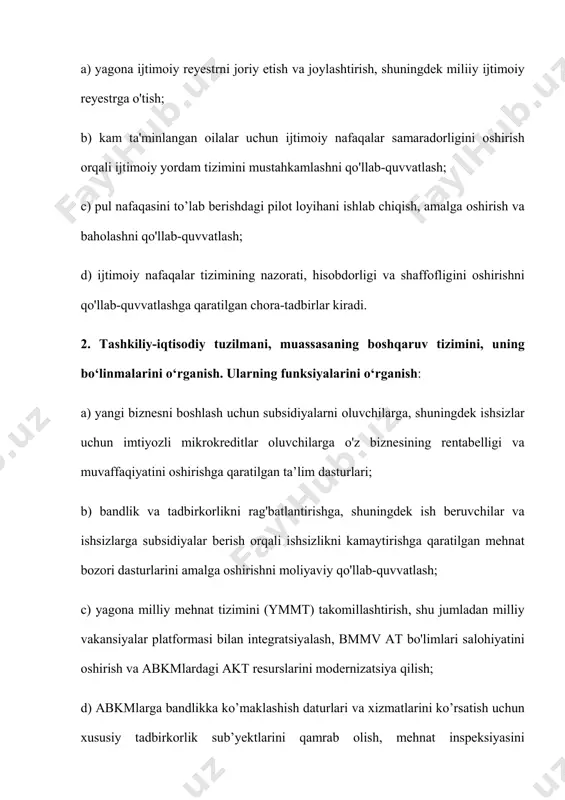 irligi: a)2021-yil 1-aprelga qadar: prezident, ijod va ixtisoslashtirilgan maktablarni rivojlantirish agentligi, tizimida umumta’lim tashkilotlari mavjud bo‘lgan vazirlik va idoralar bilan birgalikda davlat va nodavlat umumta’lim tashkilotlarida o‘quvchilar bo‘yicha tegishli ma’lumotlarni o‘z ichiga oladigan yagona elektron ma’lumotlar bazasini ishlab chiqib, joriy etsin va uning “yagona reyestr” at bilan integratsiya qilinishini ta’minlasin; vazirlar mahkamasi huzuridagi davlat personallashtirish markazi bilan birgalikda ushbu yagona elektron ma’lumotlar bazasining jismoniy shaxsning shaxsiy identifikatsiya raqami (keyingi o‘rinlarda — jshshir) ma’lumotlar bazasi bilan bog‘lanishini to‘liq yakunlasin; axborot texnologiyalari va kommunikatsiyalarini rivojlantirish vazirligi bilan birgalikda ota-onalik huquqidan mahrum etilgan ota-onalar hamda vasiylikka va homiylikka olingan bolalar va oilaga tarbiyaga berilgan (patronat) bolalar bo‘yicha elektron ma’lumotlar bazasini ishlab chiqib, joriy etsin; b) 2021-yil 1-apreldan: adliya vazirligi huzuridagi davlat xizmatlari agentligining “fhdyning yagona elektron arxivi” axborot tizimiga vasiylikka va homiylikka olingan bolalar to‘g‘risidagi ma’lumotlarni idoralararo elektron ma’lumotlar almashinuvi orqali taqdim etishni ta’minlasin; davlat va nodavlat umumta’lim tashkilotlariga o‘quvchini o‘qishga qabul qilishdan …
