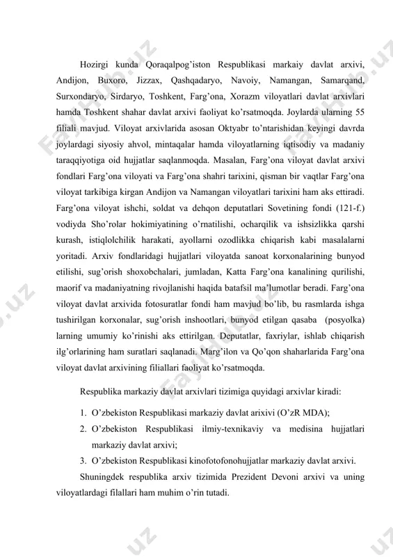 mda) yetakchi rolp o’ynaydi. mazkur arxivda turkiston va o’zbekiston tarixiga oid nodir hujjatlar jamlangan. bu yerdagi hujjatlar asosan o’rta osiyoning rossiya tomonidan istilo qilishidan to hozirgi kungacha bo’lgan davrni o’z ichiga oladi. turkiston viloyat harbiy gubernatori va qo’shin qo’mondoni fondi (336-f.) va viloyat markazi aholisini boshqaruvchisi fondida (450-f.) 1865-1868 yillarga mansub hujjatlar jamlangan bo’lib, ularda turkiston viloyatining chegaralari, ma’muriy tuzilishi va aholisi xususida ma’lumotlar keltiriladi. turkiston general-gubernatori mahkamasi fondi (1-f.), turkiston general-gubernatori xuzuridagi diplomatik amaldor fondi (2-f.), buxorodagi rossiya siyosiy agentligi fondida (3-f.), rossiyaning g’arbiy xitoy, afg’oniston, eron, xiva va buxoro bilan diplomatik aloqalariga doir materiallar to’plangan. hujjatlar turkiston o’lkasi va alohida mintaqalarning ma’muriy tuzilishi haqida, shaharlar boshqaruvi va shahar nizomining joriy etilishi to’g’risida, madrasa va masjidlarning miqdori va ahvoli haqida ma’lumot beradi. turkiston general-gubernatori mahakamasi fondida, turkiston rayon muxofaza bo’limi fondida (461-f.), viloyatlar boshqaruvi, uyezd boshliqlari, sud orgnalari fondlarida o’rta osiyo xalqlarining milliy-ozodlik harakati o’z aksini topgan. 1885 yilda …