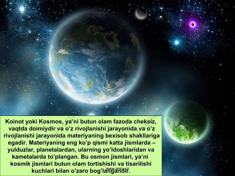 arning markaziy yadrosidan doimo vadorod nurlari sifatida moddalar ajralib turadi va ular galaktikani tashlab chiqib ketishadi. www.arxiv.uz www.arxiv.uz hamma galaktikalar u yoki bu darajada radioto’lqinlar tarqatib turishadi. radioto’lqinlarni tarqatish manbai bo’lib оtа ajoyib koinot jismi bo’lgan kuazarlar ham hisoblanadi (o’ta o’lkan yulduzlar). ularning tabiati hali o’rganilmagan. olimlarning fikricha ularning parchalanishidan bo’lajak galaktikalarning hosil bo’lishi boshlanadi. (galaktikalar - portlagan kvazarlarning parchalaridir). www.arxiv.uz www.arxiv.uz