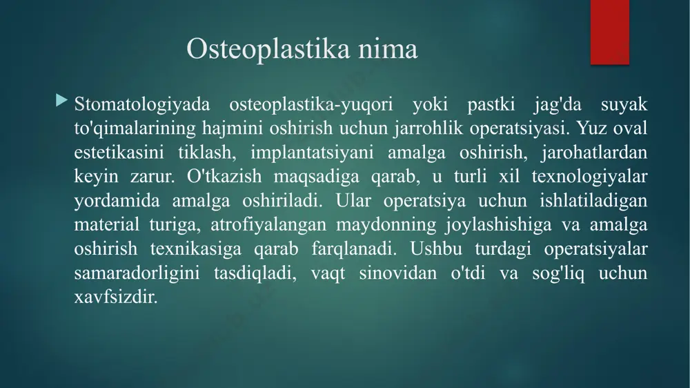 siya va ruhiy kasalliklar qon ivishi bilan bog’liq organlarining kasalliklari (to'liq davolanmaguncha) osteoplastikani bajarish algoritmi tayyorgarlik bemorni har tomonlama tekshirish bilan boshlanadi. ushbu bosqich doirasida anamnezni to’planadi, ko'rsatmalar va vizual va apparat diagnostikasini o'tkaziladi. bularning barchasi jarrohga tashxis qo'yish, atrofiya darajasini va klinik holatning xususiyatlarini aniqlash imkonini beradi. olingan xulosalar asosida jarrohlik davolashning turi va kursini rejalashtiradi og’iz bo'shlig'ini sanitarizatsiya qilish operatsiya uchun zaruriy shartdir. ushbu kompleks tish va periodontal davolanishni (agar kerak bo'lsa), professional apparat tishlarini tozalashni o'z ichiga oladi. operatsion bosqich-plastik turiga qarab ishlab chiqilgan protokol bo'yicha amalga oshiriladi. umumiy sxema: lokal behushlik, operatsiya qilinadigan joyga kirish uchun tish go'shti kesmasi, greft yotqizish uchun to'shak tayyorlash, suyak materiali va o'sish stimulyatorini mahkamlash, jarrohlik yarasini tikish. osteosintez jarayoni (yangi suyak to'qimalarining shakllanishi). 6 oygacha davom etadi. muddati plastik turiga va ishlatiladigan transplantatsiya materiallariga bog'liq. reabilitatsiya davrining umumiy tavsiyalari: 1) operatsiyadan keyin 3 soat davomida ovqat va ichimlik ichmang. 2) …