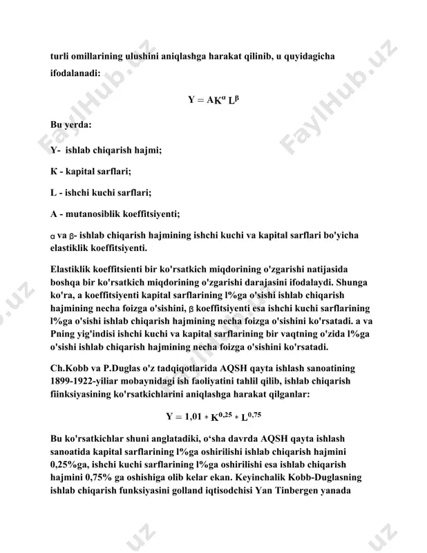 to'g'risidagi xulosaga keldilar. iqtisodiy o'sishning muhim modellaridan biri bo'lib tarmoqlararo balans hisoblanadi. iqtisodchi olim v.leontev tomonidan «xarajatlarnatijalar» modeli takomillashtirilgan holda ishlab chiqildi. v.leontev iqtisodiy tahlilning «xarajatlar-natijalar» usulida eng awalo e’tibomi iqtisodiyotdagi miqdoriy aloqalarga qaratadi. tarmoqlar o'rtasidagi bu aloqalar texnologik koeffitsiyentlar, i kvadrantdagi an, ai2, au vah.z. belgilar orqali o‘matiladi. tarmoqlararo balans jadvali to'rtta kvadrantdan iborat. birinchi kvadrantga mahsulot ishlab chiqarishga moddiy sarflar ko'rsatkichlari joylashtirilgan. ikkinchi kvadrantga shaxsiy iste’mol, jamg'arish, davlat xaridi va eksport sifatida foydalaniluvchi yakuniy mahsulot ko'rsatkichlari joylashtirilgan. uchinchi kvadrantdan qo'shilgan qiymat: ish haqi, foyda, soliqlar va import ko'rsatkichlari o'rin olgan. to'rtinchi kvadrantda sof milliy mahsulotni qayta taqsimlash ko'rsatkichlari joylashgan. tarmoqlararo aloqalar jadvali ustunlari bo'ylab xarajatlami, ya’ni har bir tarmoq bo'yicha mahsulot qiymatini tashkil etuvchi unsurlami, satrlar bo'yicha esa milliy iqtisodiyotning har bir tarmog'i mahsulotini taqsimlash tarkibiy tuzilmasi aks ettirilgan. tarmoqlararo balans modelida bir tarmoqdagi pirovard talab yoki ishlab chiqarish sharoitidagi o'zgarishlar boshqa barcha o'zaro bog'liq tarmoqlaming miqdoriy ta’sirini …